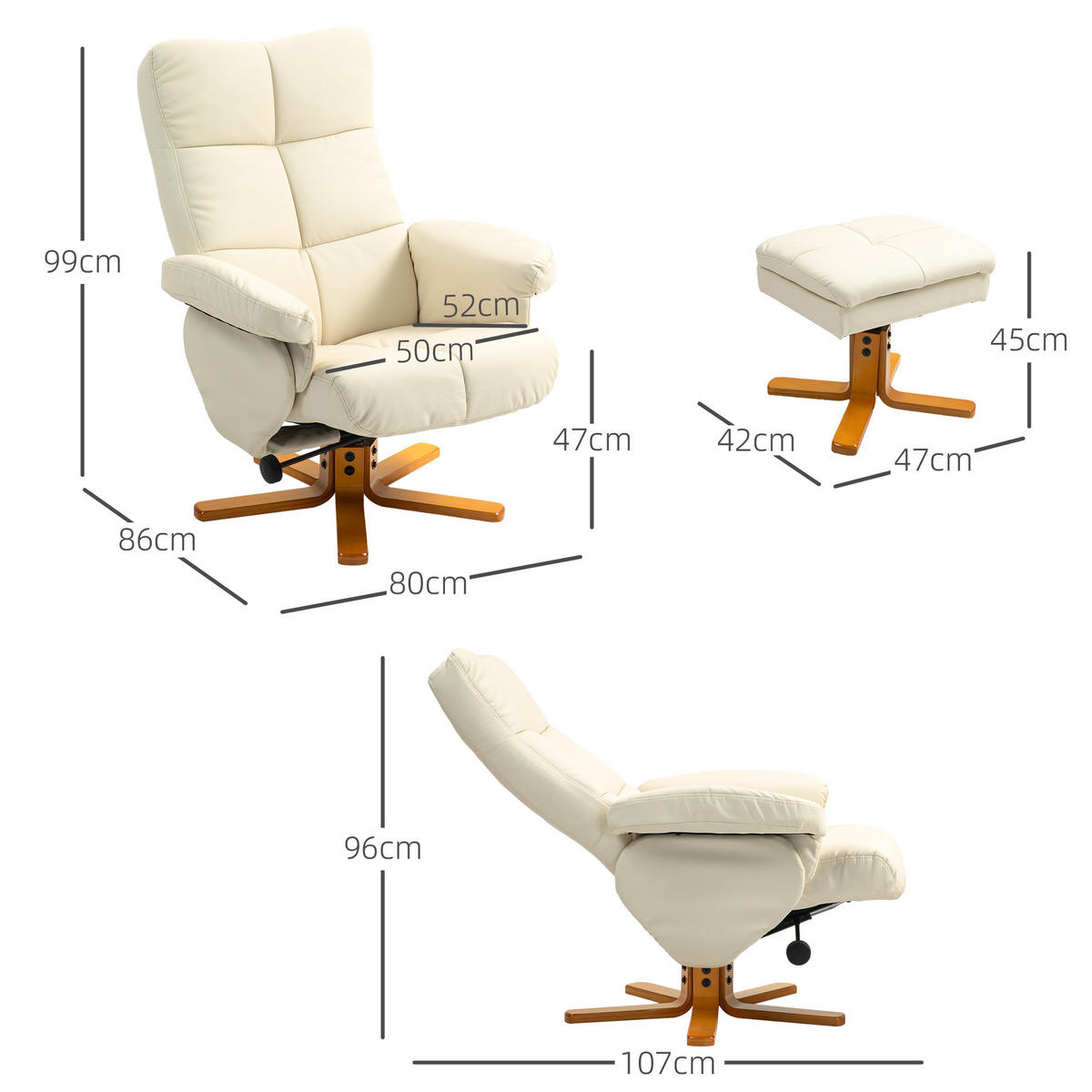 RELAXSESSEL mit Hocker, Stauraum, Fernsehsessel mit Liegefunktion, Cremeweiß - Creme/Braun, Holz/Kunststoff (86/99/80cm) - HOMCOM