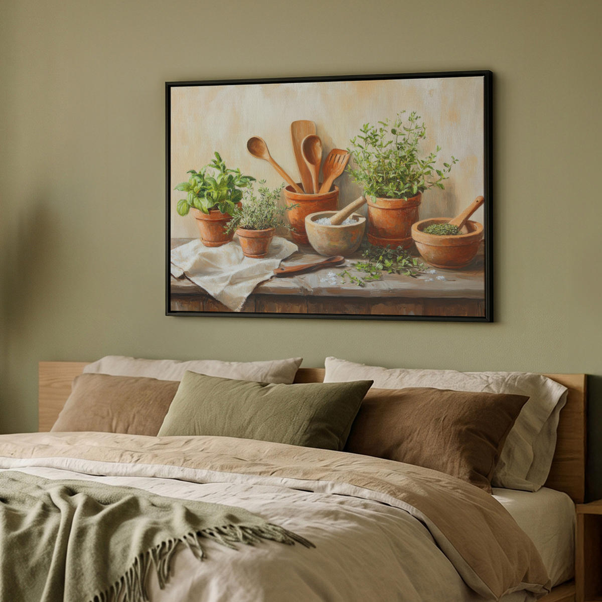 LEINWAND Bilder mit Rahmen - Töpfe - Kräuter - Holz - 100x70 - Terracotta, Textil (100/70cm) - MuchoWow