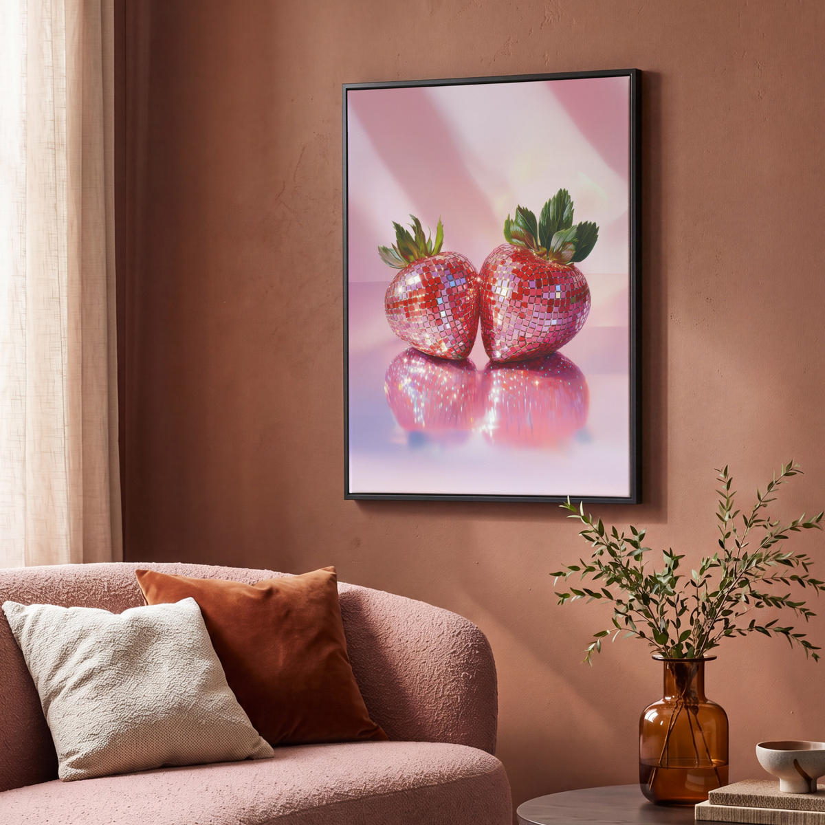 LEINWAND Bilder mit Rahmen - Disco - Obst - Glitzer - Erdbeere - 70x100 - Pink, Textil (70/100cm) - MuchoWow