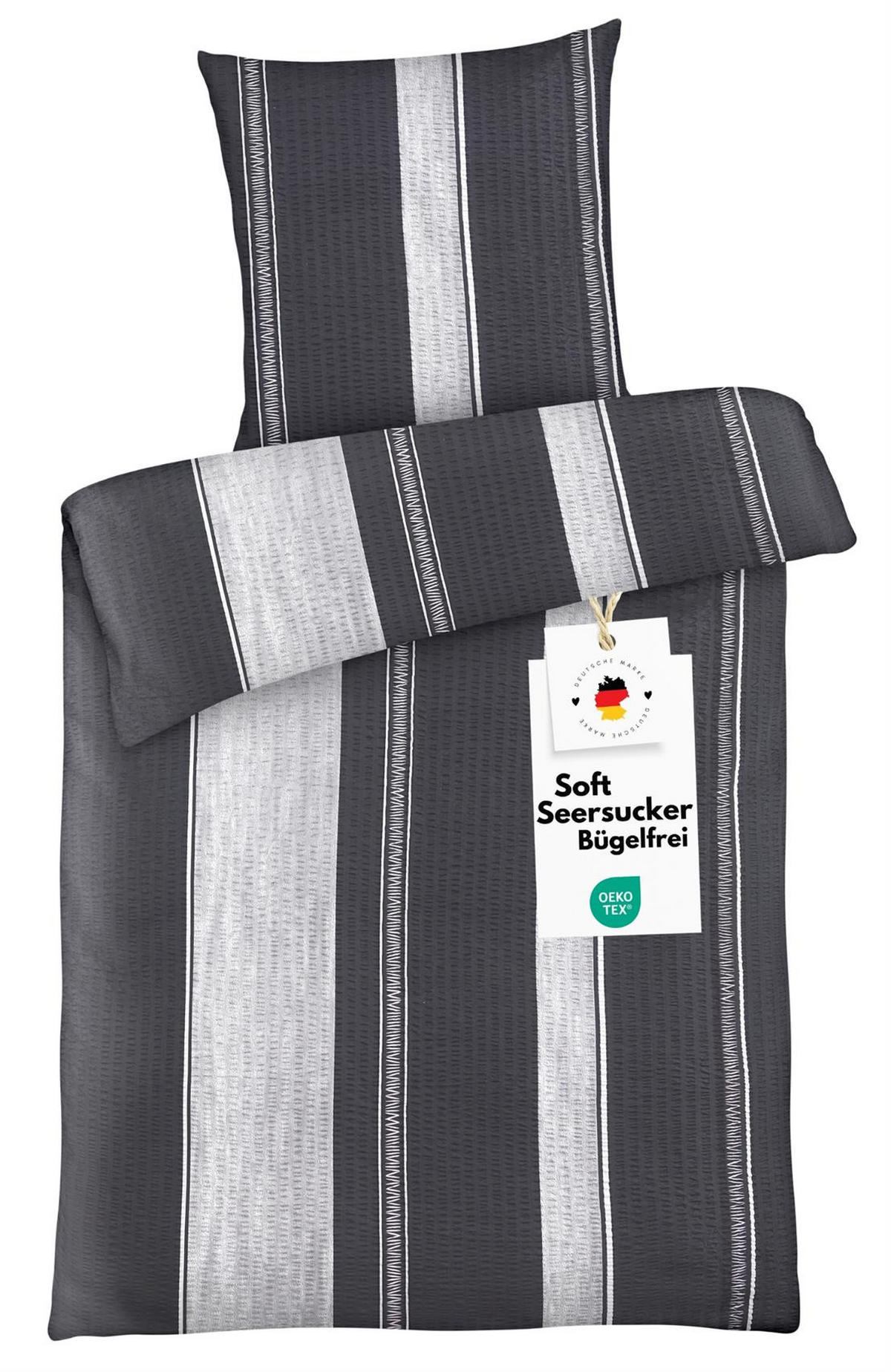 SEERSUCKER-BETTWÄSCHE 135x200 Streifen Sommer Bettbezug Bügelfrei aus 100% Polyester, Bettbezüge Schwarz Silber gestreift - Silberfarben, Textil (135/200cm) - Carpe Sonno
