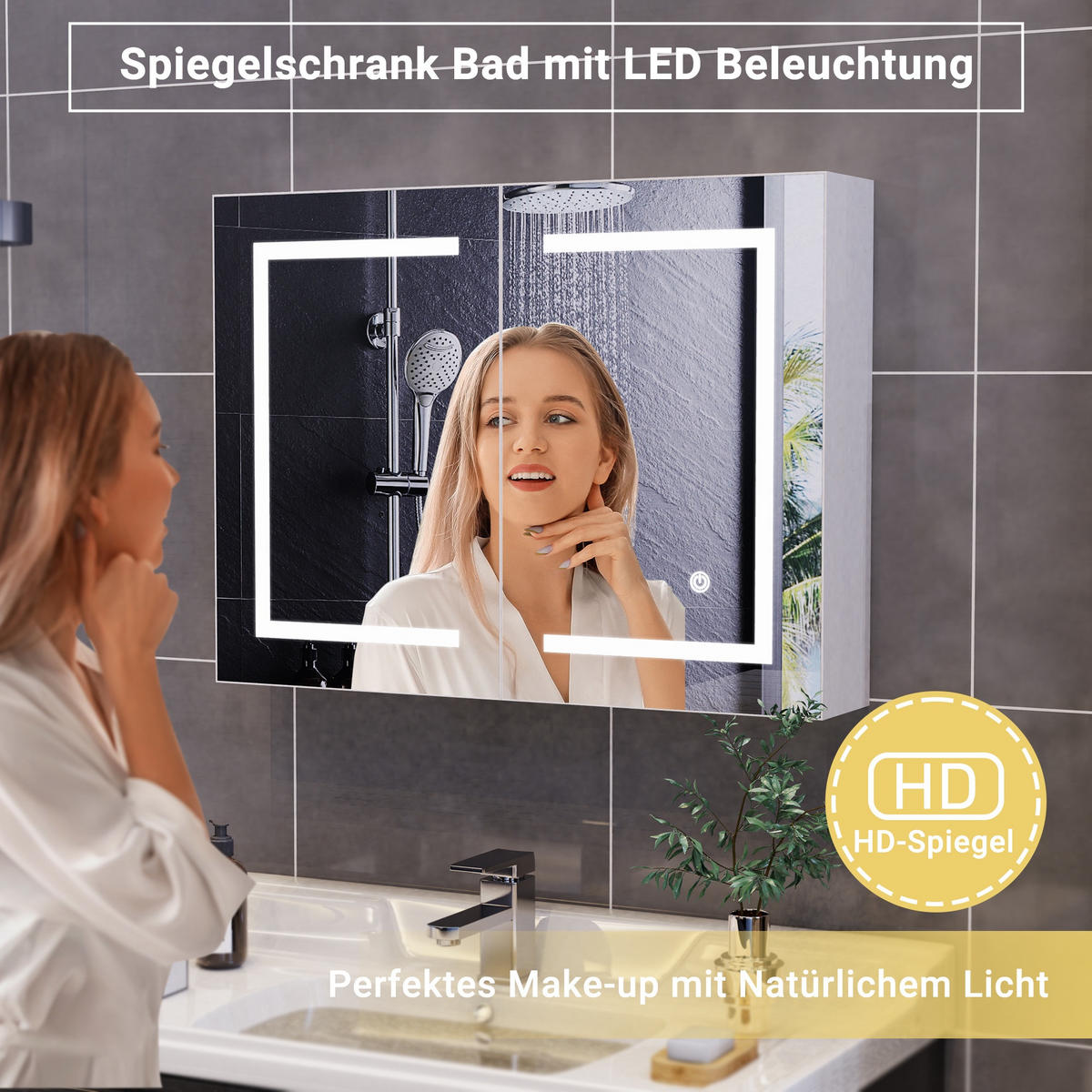 LED Spiegelschrank Bad 80x60 cm Smart-Touch 3 Farbtemperaturen Dimmbar Weiß - Weiß, Glas (80/60/13.5cm) - DELFA