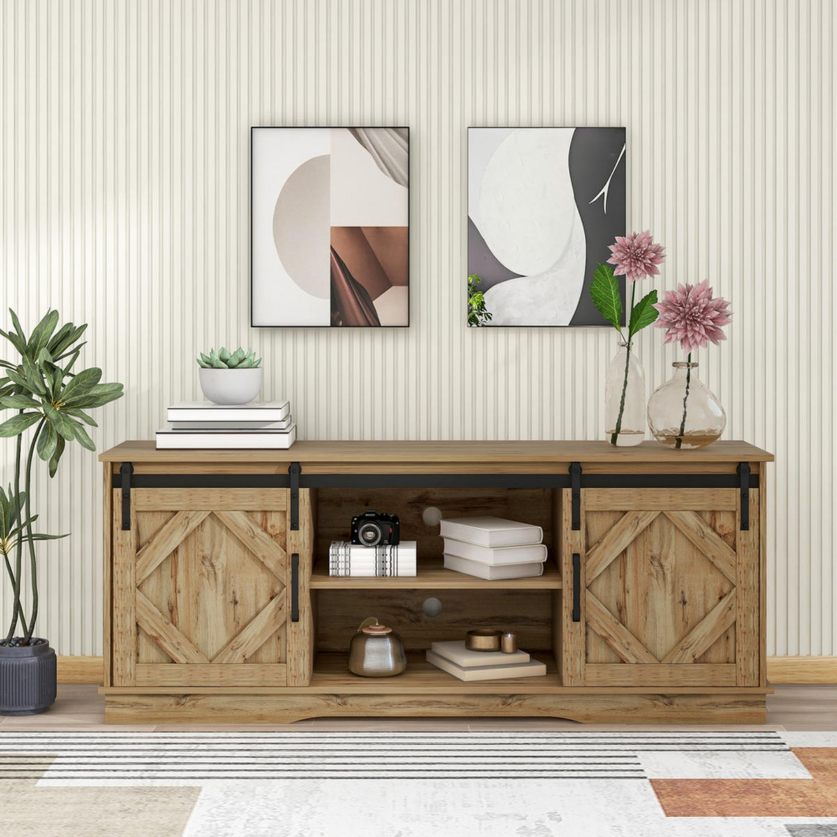 TV-SCHRANK Sideboard 2 Schiebetüren Landhaus Design Vintage Braun 150x40cm - Braun, Holz (51.5/15/64.5cm) - FLIEKS