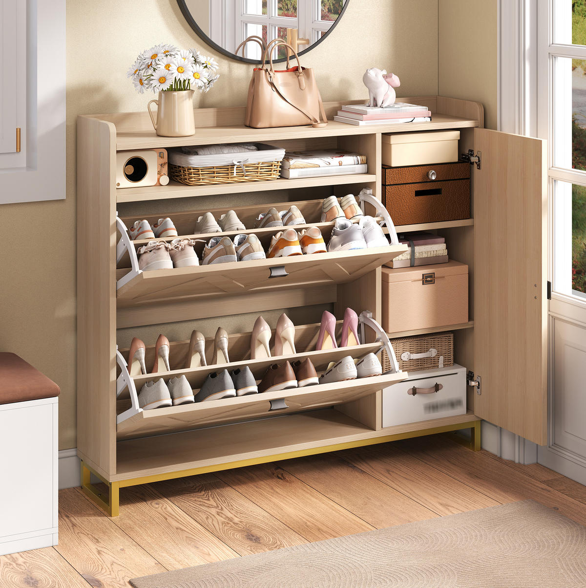 SCHUHSCHRANK 110/24/100 cm Natur aus MDF mit Soft-Close und Metallgestell - Naturfarben, Holzwerkstoff (110/100/24cm) - OKWISH