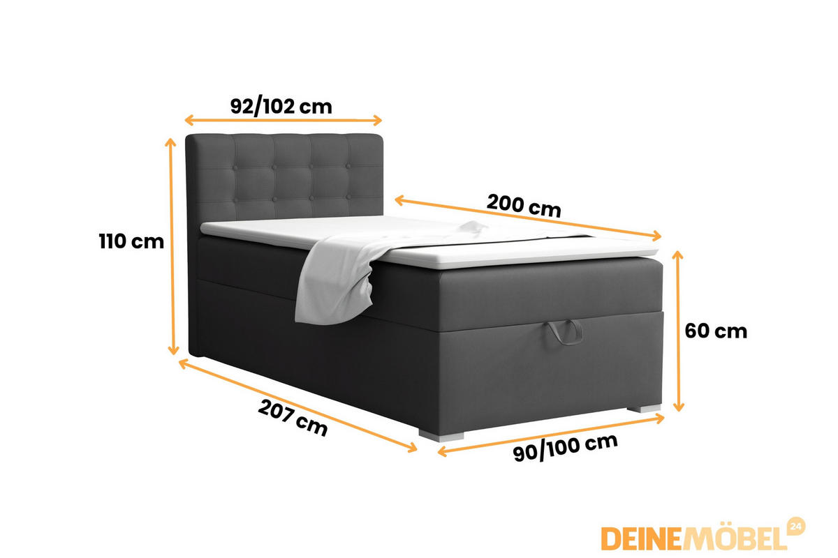 BOXBETT TEEN 3 90/200 Velours Anthrazit H4 - Anthrazit, Holz/Holzwerkstoff (90/200cm) - Deine Möbel 24