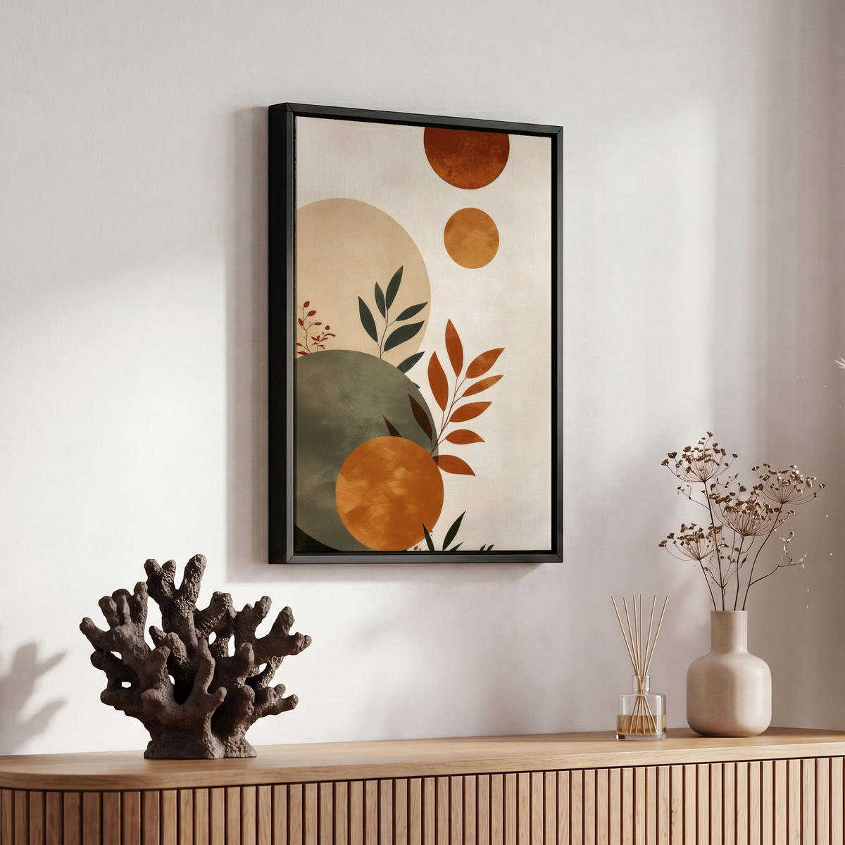 LEINWAND Bilder mit Rahmen - Formen - Rund - Blätter - Beige - 20x30 - Rostfarben, Textil (20/30cm) - MuchoWow