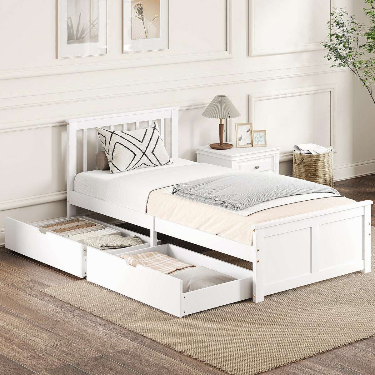 BETT 90 x 200 cm Bettrahmen mit Lattenrost aus Holz, Schublade, Kopfteil, Weiß - Weiß, Holzwerkstoff (90/200cm) - HOMCOM