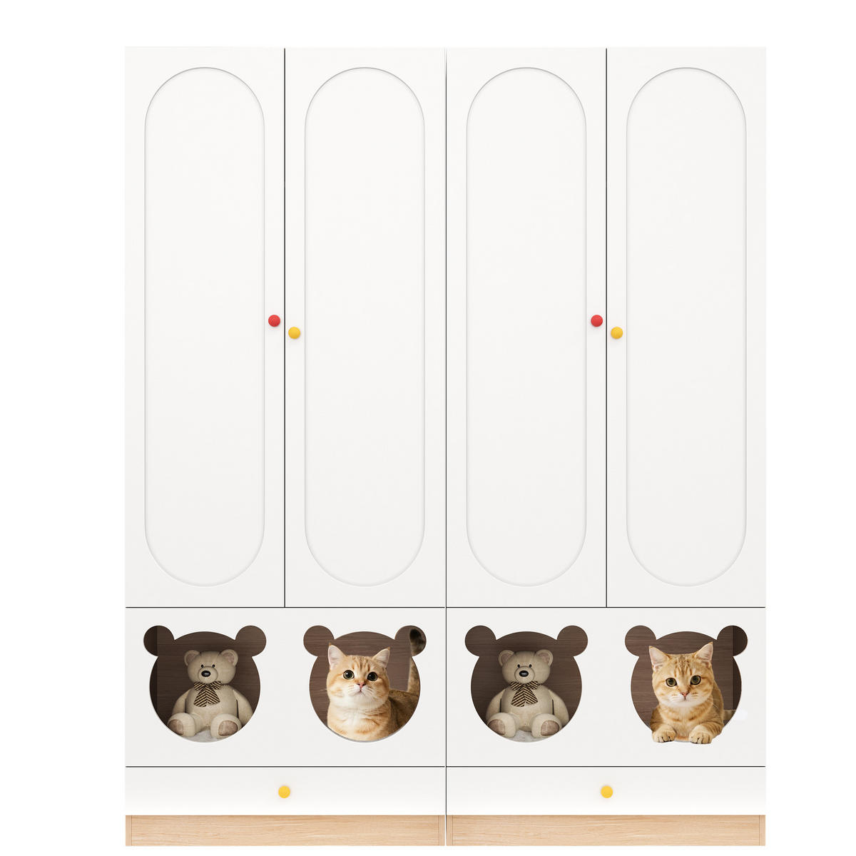 KINDER-KLEIDERSCHRANK 80x50x200cm Weiß + Natur mit Katzenbett Keramikgriffe - Multicolor, Holz (50/200/80cm) - FLIEKS