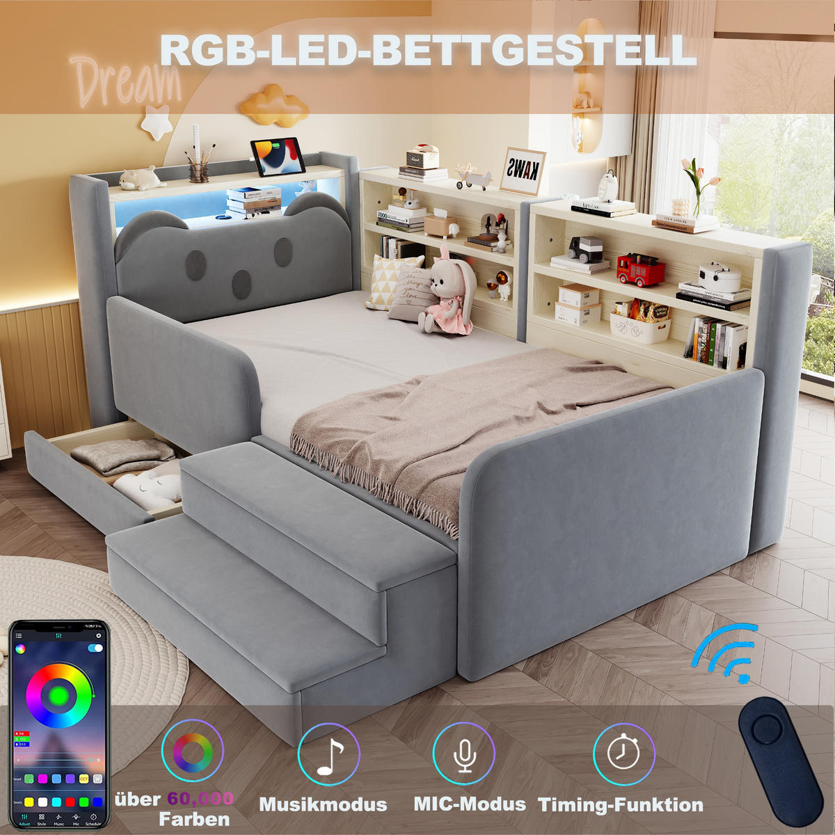 POLSTERBETT 90*200 cm mit LED, USB und Schublade, Hellgrau - Hellgrau, Textil (90/200cm) - FLIEKS