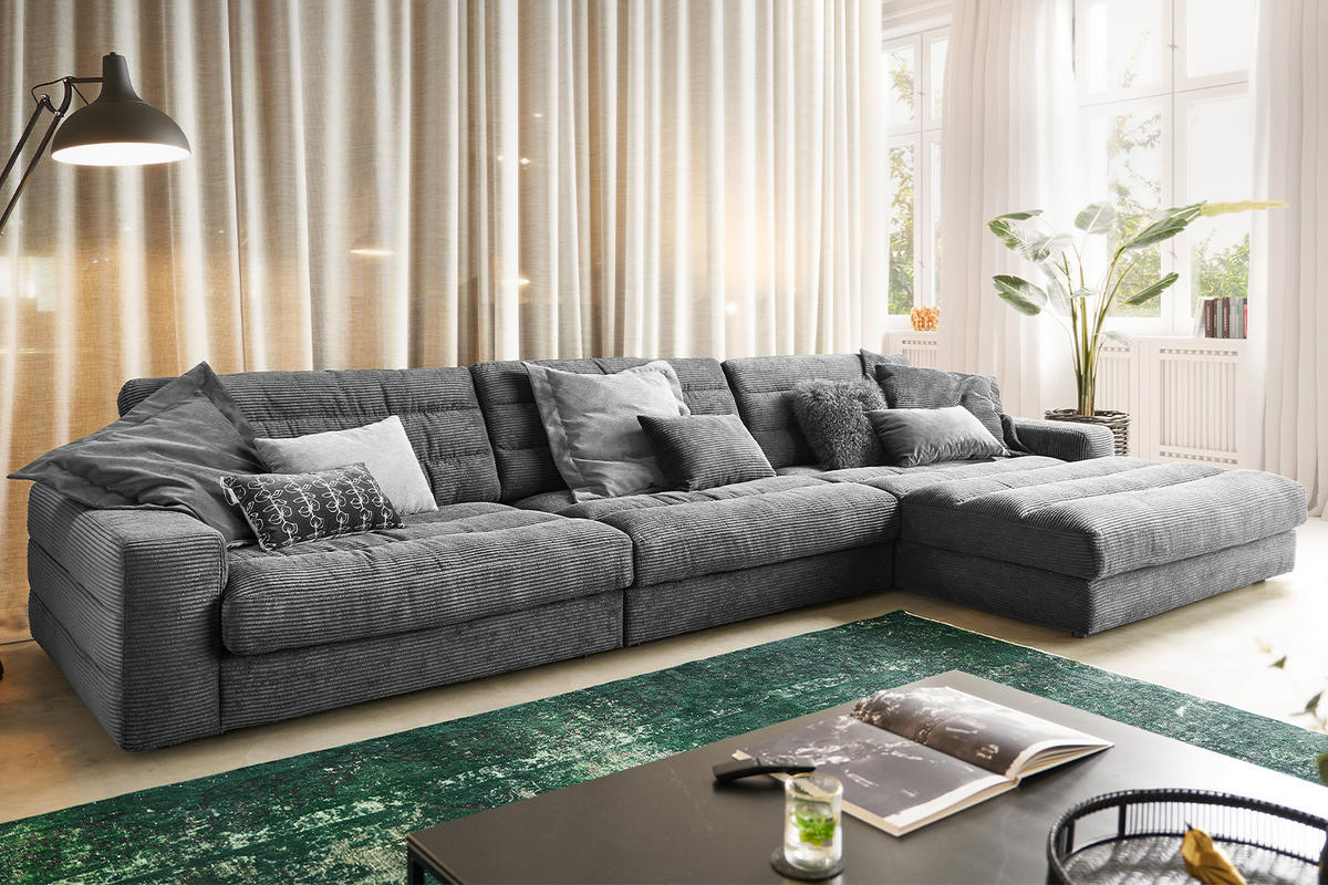 ECKSOFA XL LANA Grau Cord - Schwarz/Grau, Textil (416/205cm) - KAWOLA