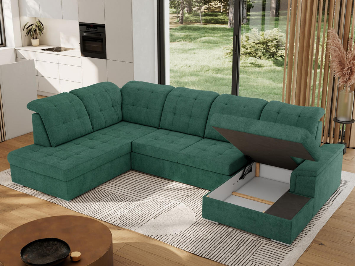 WOHNLANDSCHAFT MADRITO U - Grün Struktur - Links - Silberfarben/Grün, Textil/Metall (204/89/323cm) - MKS