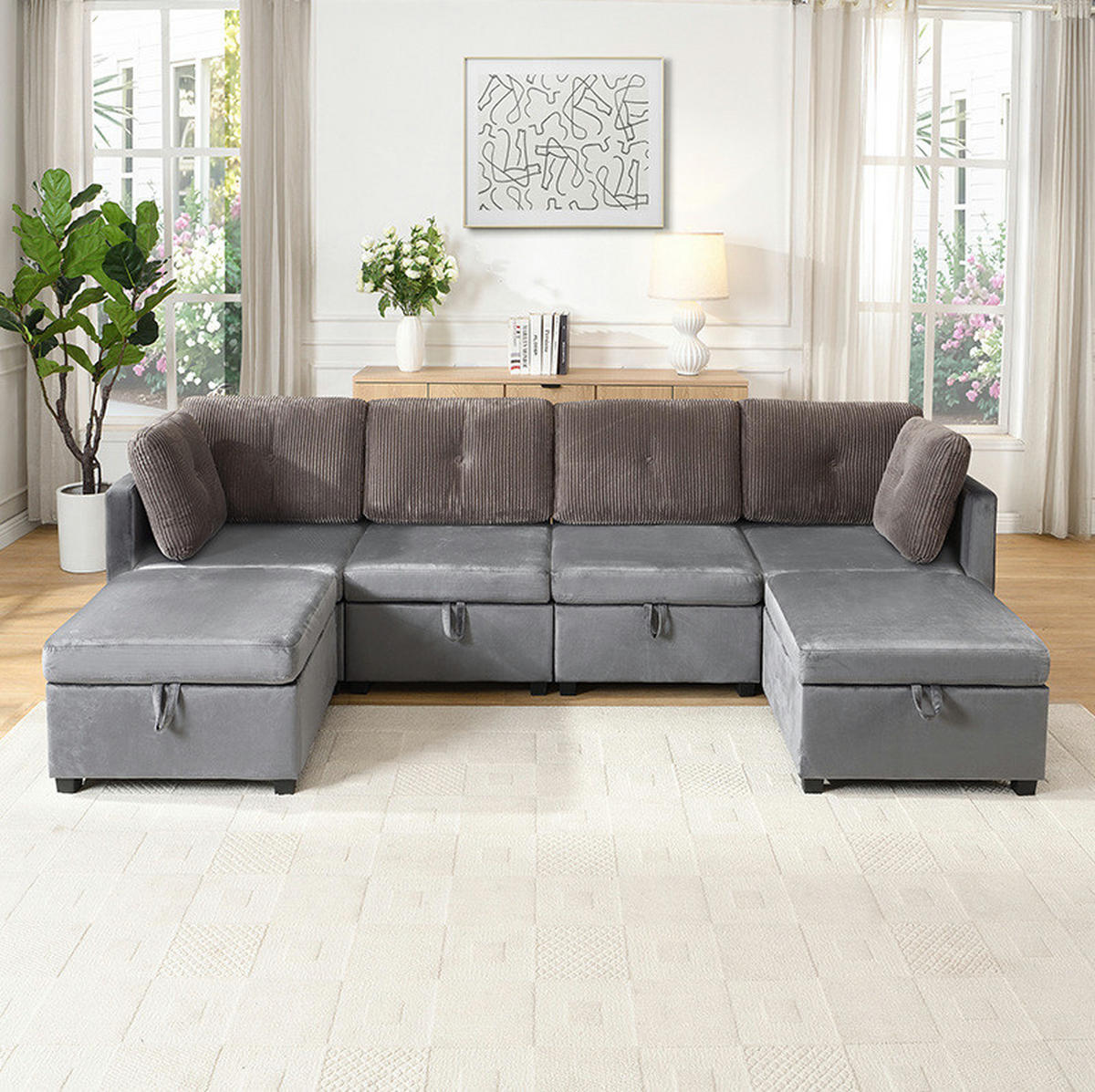 SOFA modular mit Stauraum ca. 261 x 132,5 cm Samt/Cord Antique Grey 6-teilig - Grau, Kunststoff (132.5/85/261cm) - Meubliv