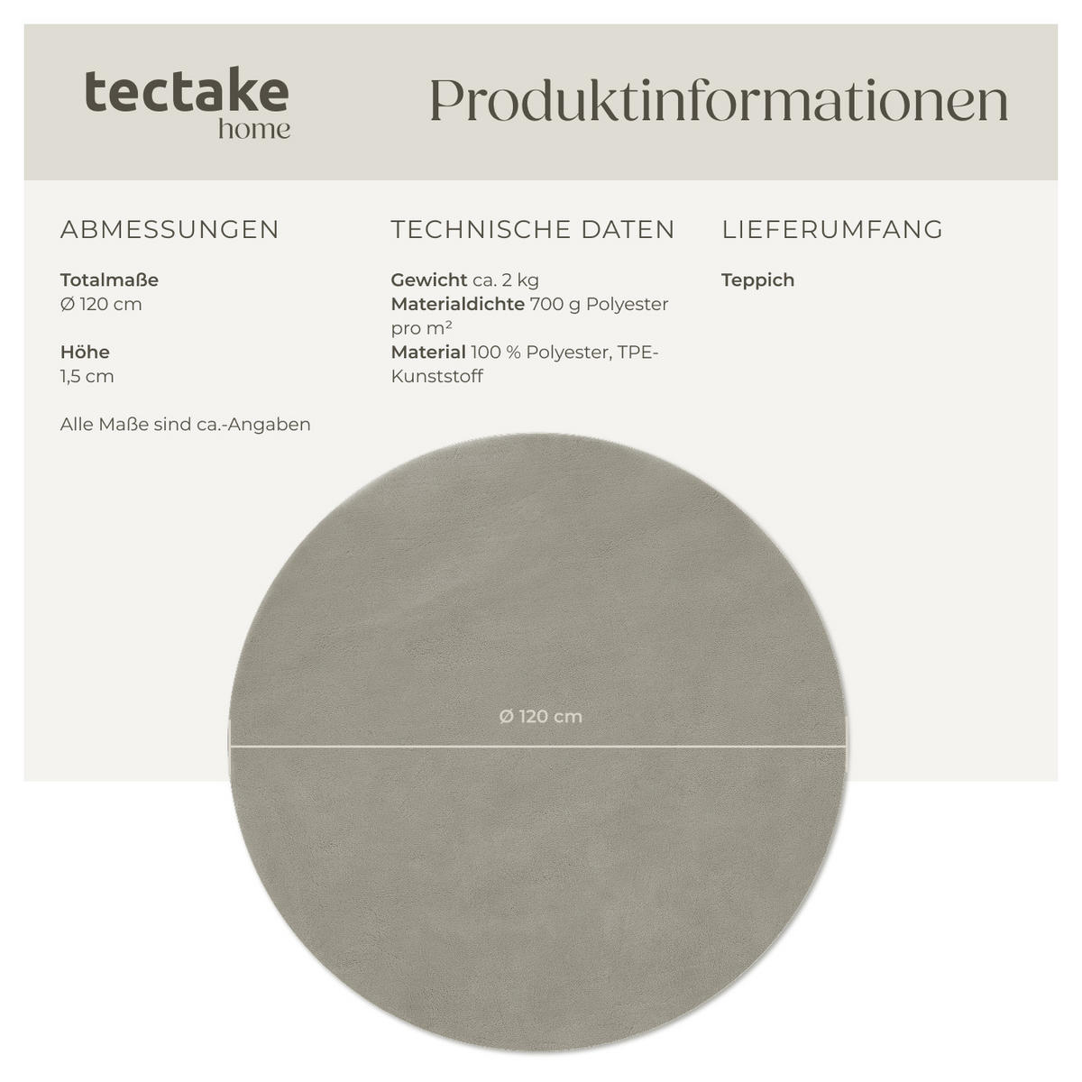 KURZFLORTEPPICH Soft Zone,rutschfeste Unterseite,Sand - Sandfarben, Kunststoff (120/120cm) - tectake