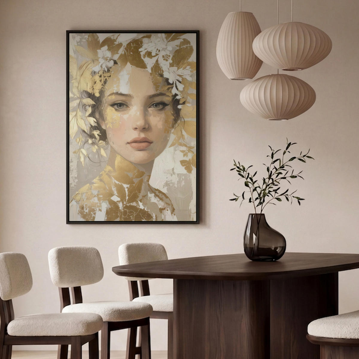 LEINWAND Bilder mit Rahmen - Gesicht - Frau - Blätter - Gold - 80x120 - Beige, Textil (80/120cm) - MuchoWow