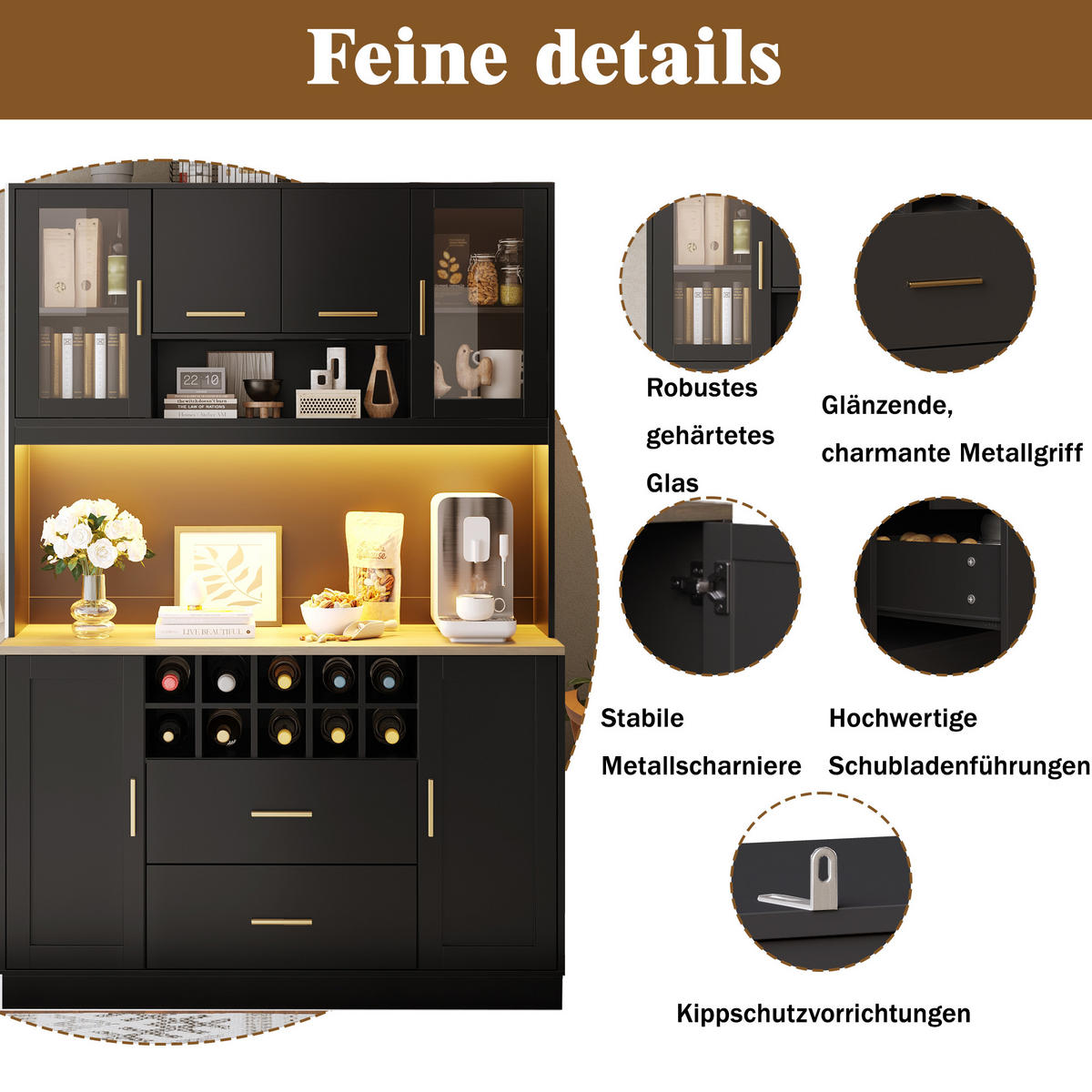 BUFFETSCHRANK Kombi Schwarz 120/36.3/180 cm - Schwarz, Holz (120/180/36.3cm) - PANGIVO