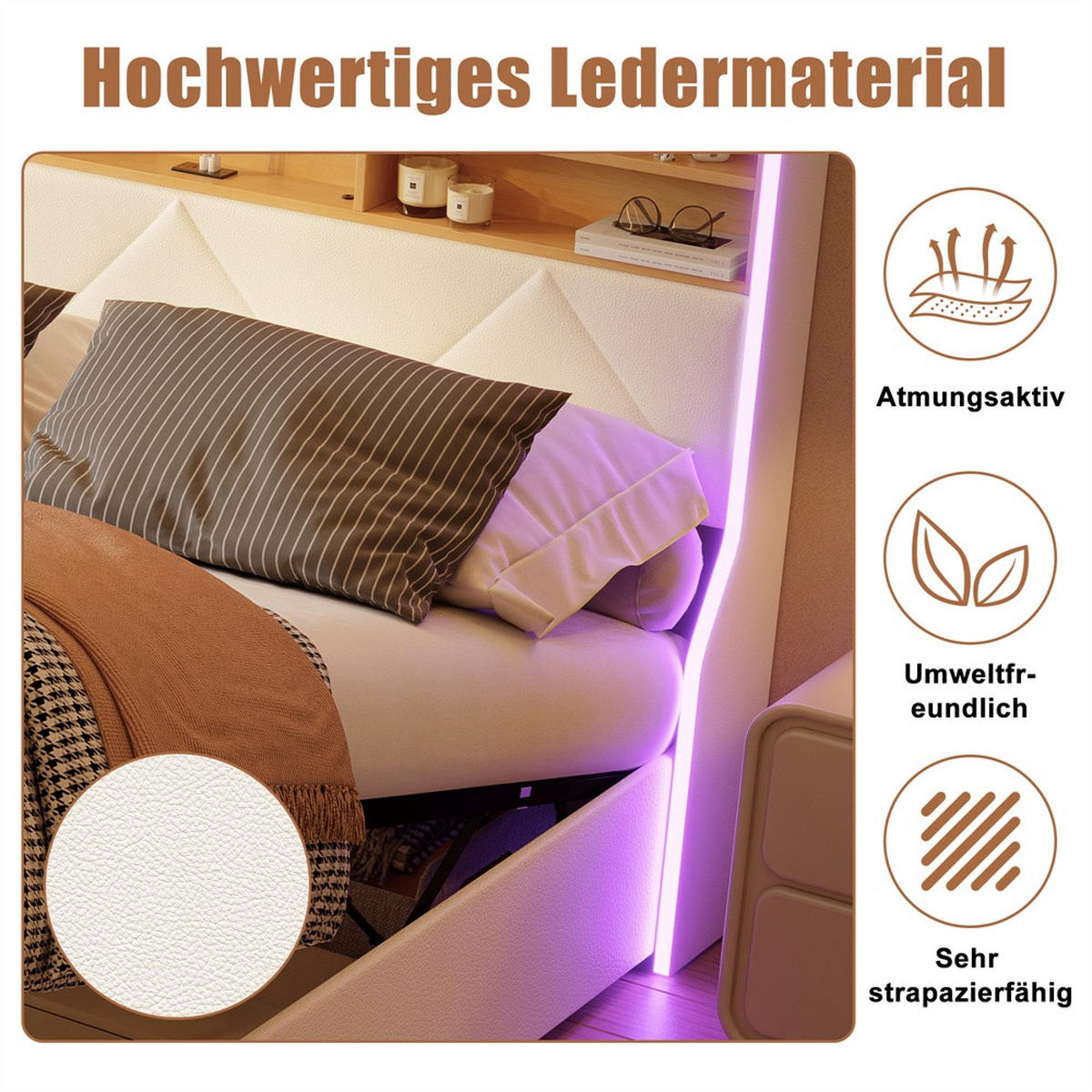 POLSTERBETT 160x200 cm mit hydraulischem Stauraum - Gepolstertes Kopfteil mit Stauraum - LED Beleuchtung - Weiß - Weiß, Textil (160/200cm) - DELFA
