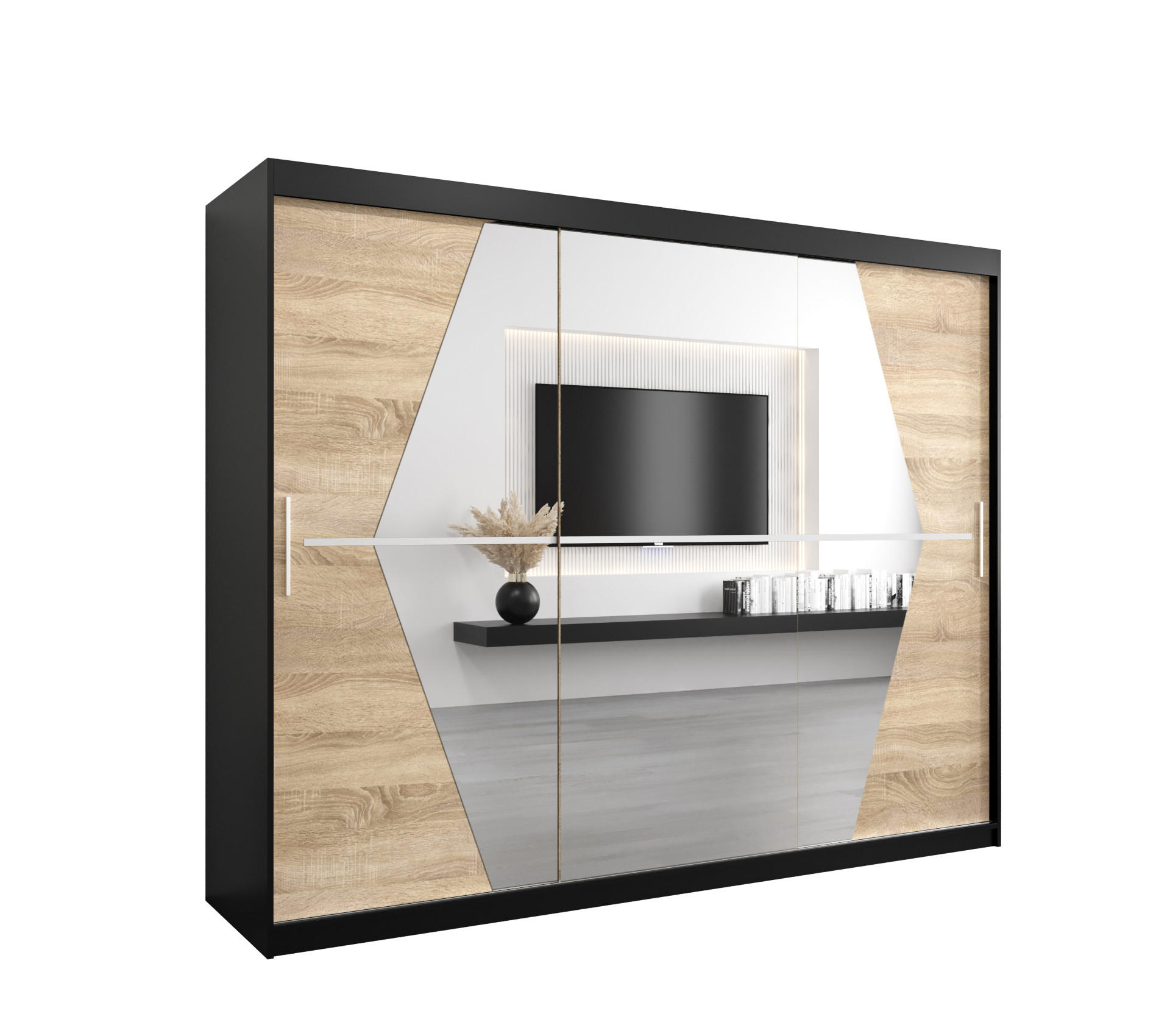 Abiks Möbel Schwebetürenschrank Schwarz, Sonoma Eiche 250x200x62 cm