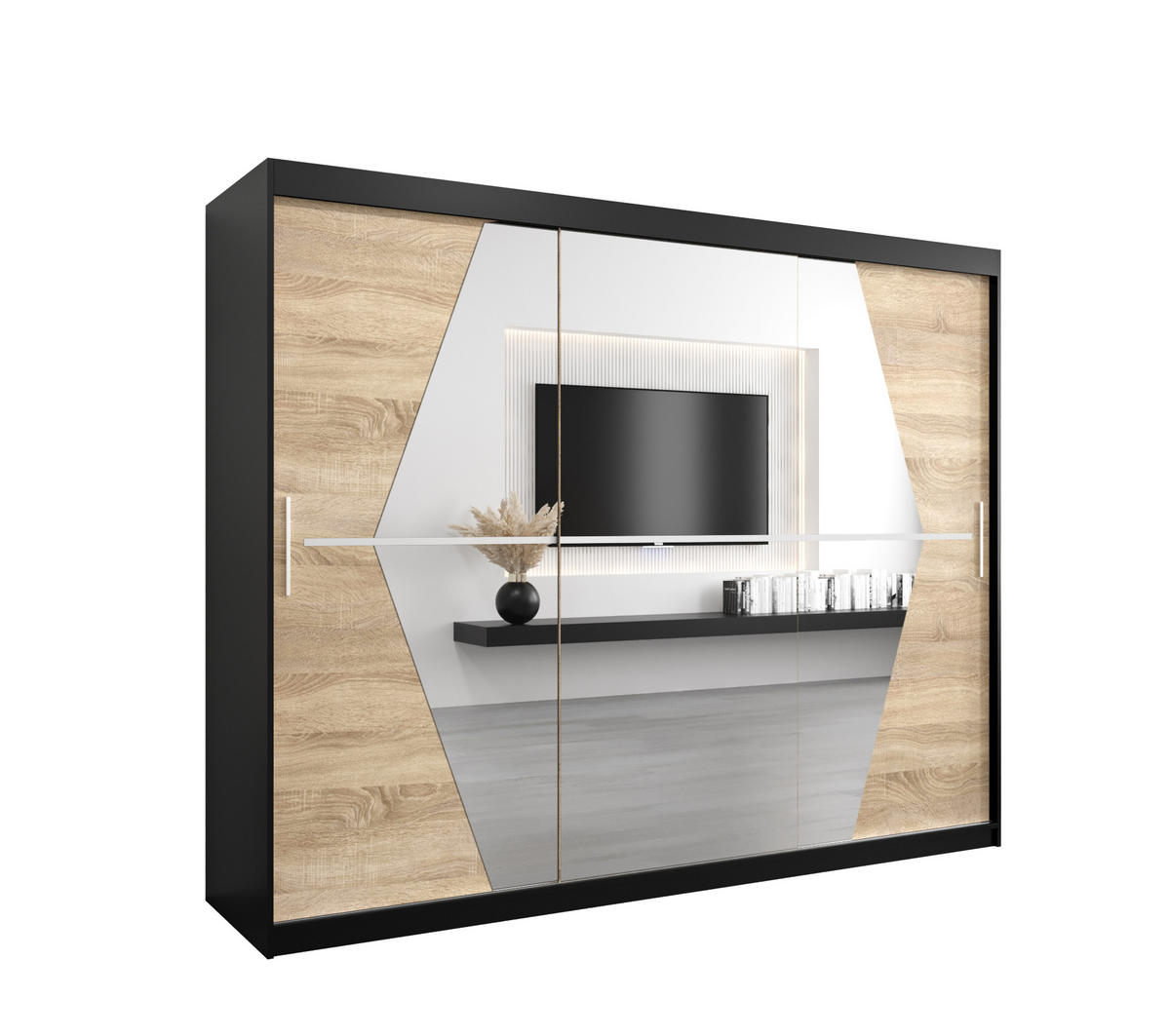 SCHWEBETÜRENSCHRANK 200/250/62 3-türig - Silberfarben/Schwarz, Holz/Kunststoff (250/200/62cm) - Abiks Möbel
