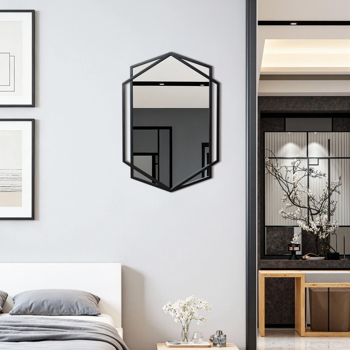 HEXAGON Wandspiegel Schwarz 71x50cm - Schwarz, Glas (3/71/48.5cm) - Hometopia