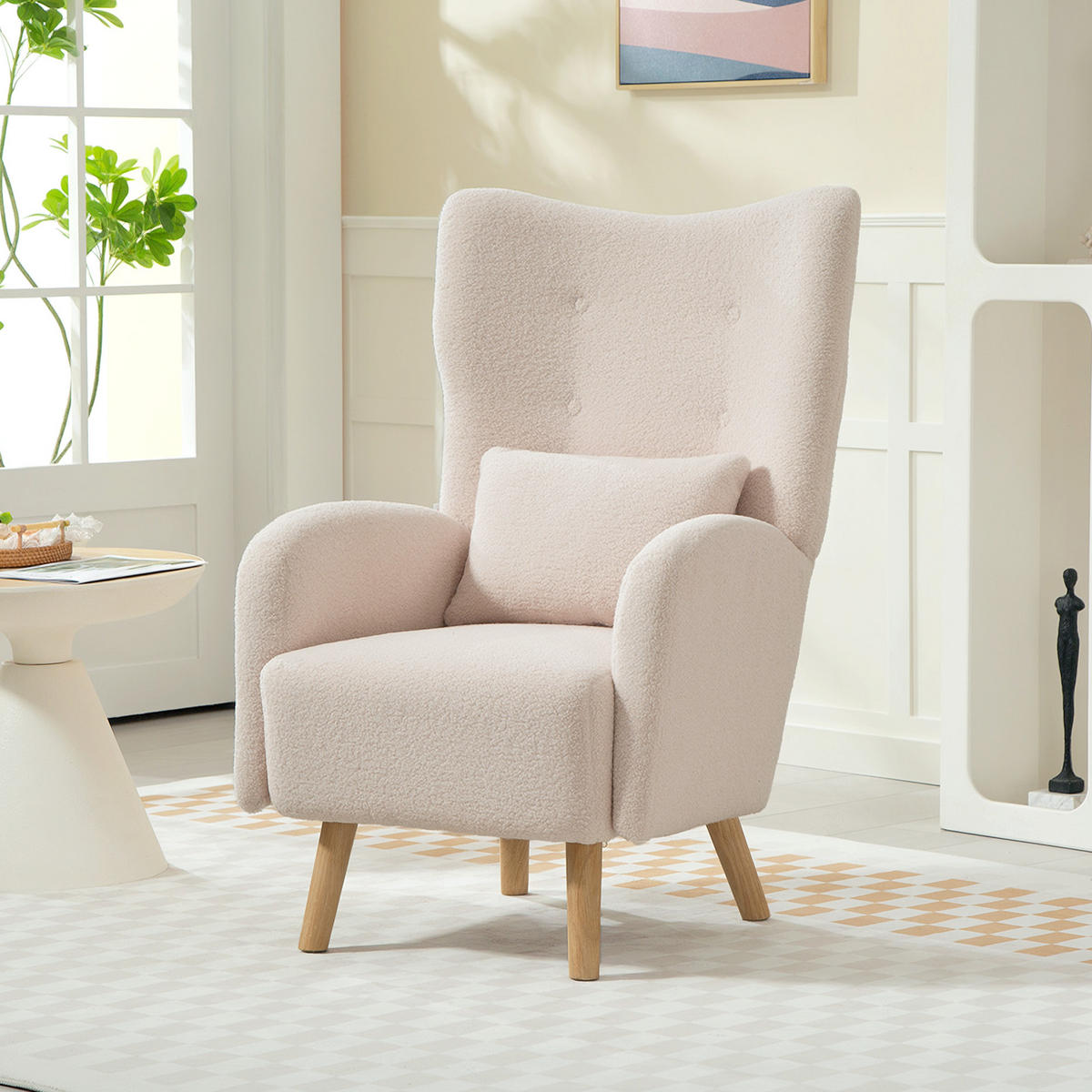 SESSEL DE-06847 mit Plüschbezug und Schaumstoffkissen, Ohrensessel Beige - Beige, Holz/Textil (72/106/77cm) - ComfortXL