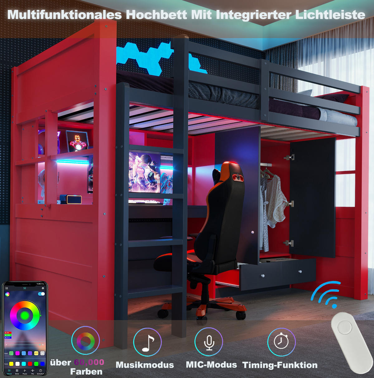 HOCHBETT 90/200 cm in Schwarz-Rot mit Schreibtisch, Stauraum und LED-Beleuchtung - Schwarz, Holz (90/200cm) - Flora Grace