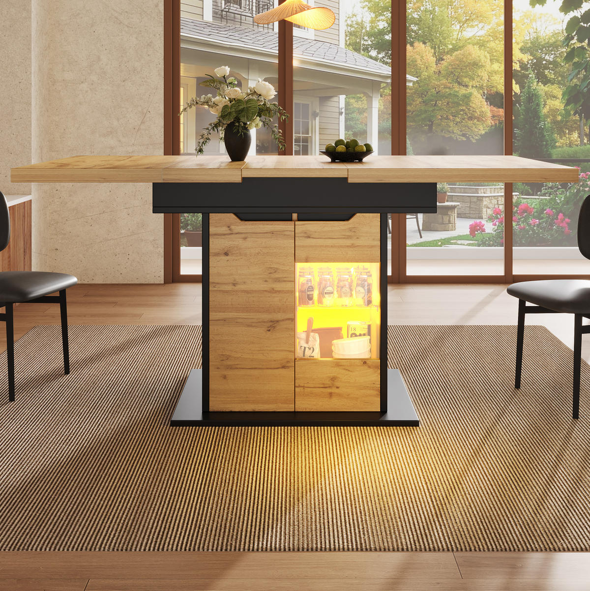 AUSZIEHTISCH 110-140/80/76 cm in Schwarz/Natur mit Stauraum & LED - Naturfarben, Holzwerkstoff (80/140/76cm) - BEAOK