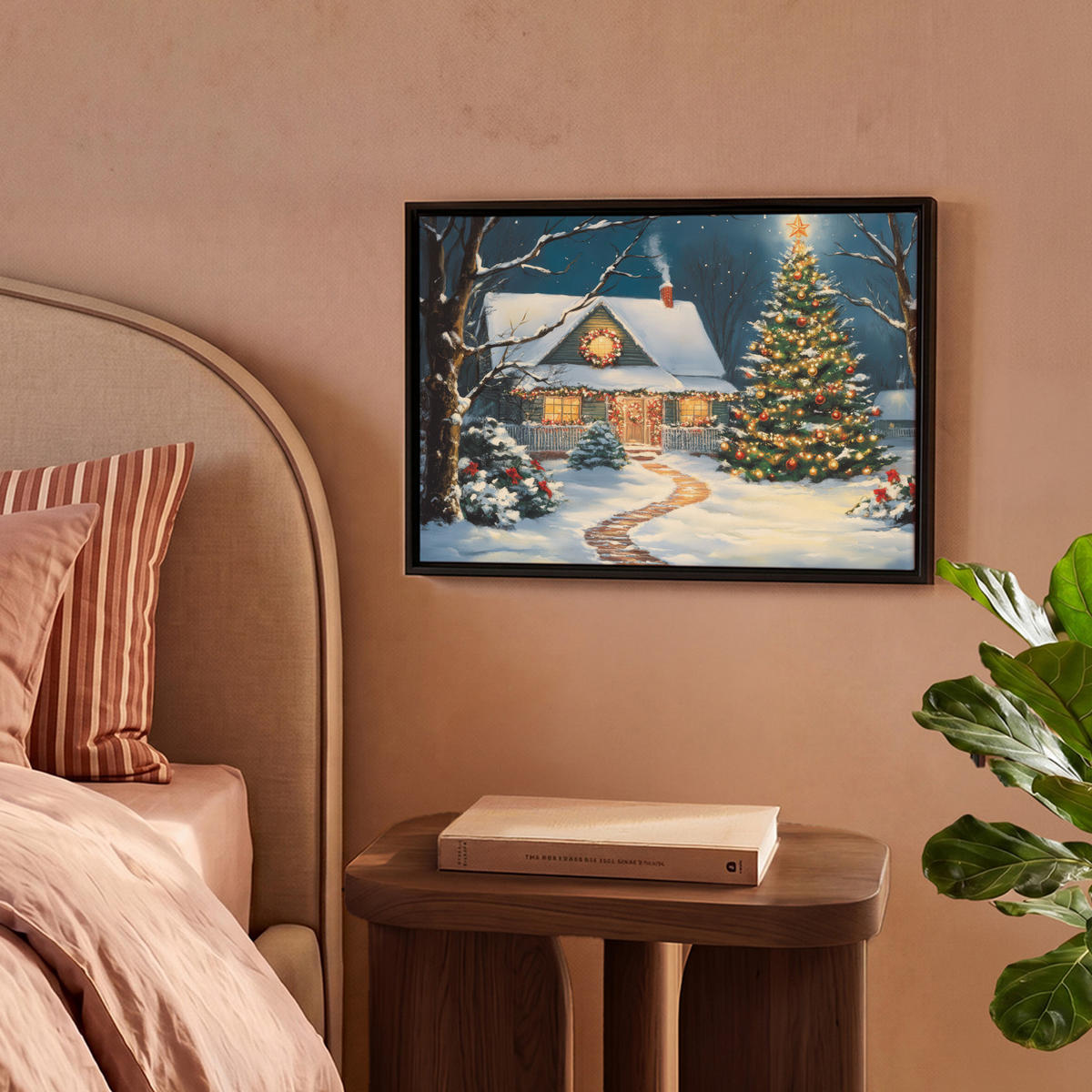LEINWAND Bilder mit Rahmen - Weihnachten - Weihnachtsbaum - Winter - Zuhause - Schnee - 40x30 - Smaragdgrün, Textil (40/30cm) - MuchoWow