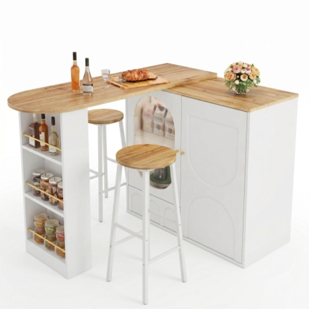 KÜCHENINSEL-SET 138-204×39×105 cm mit 2 Barhockern aus MDF und Metall, weiß mit Holzoptik - Weiß, Holzwerkstoff (204/105/39cm) - Luhomfu