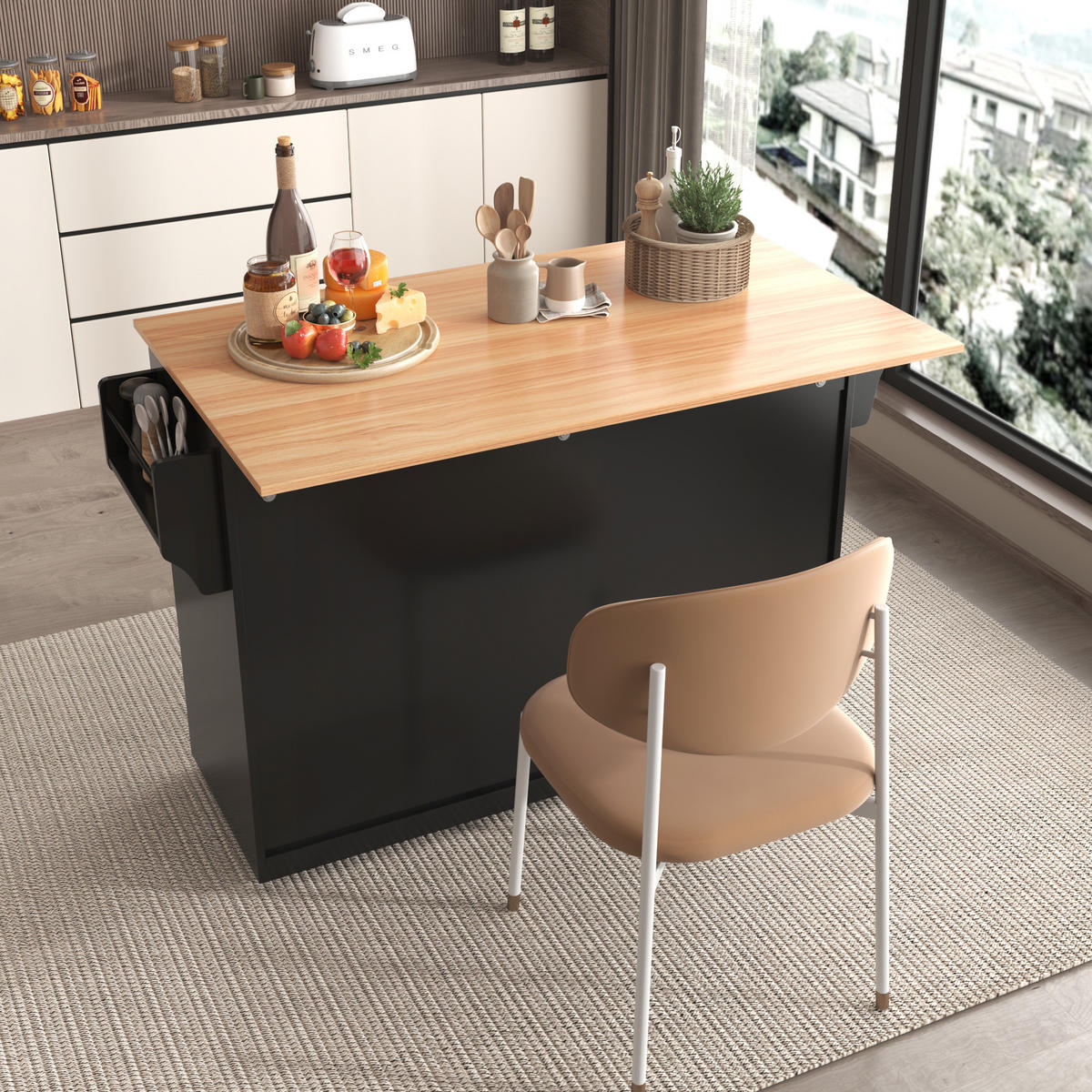 SERVIERWAGEN Klapparbeitsplatte Speisewagen mit Stauraum und Metallrahmen 120/70 cm - Schwarz, Holzwerkstoff (120/91.5/71cm) - EVRYAE