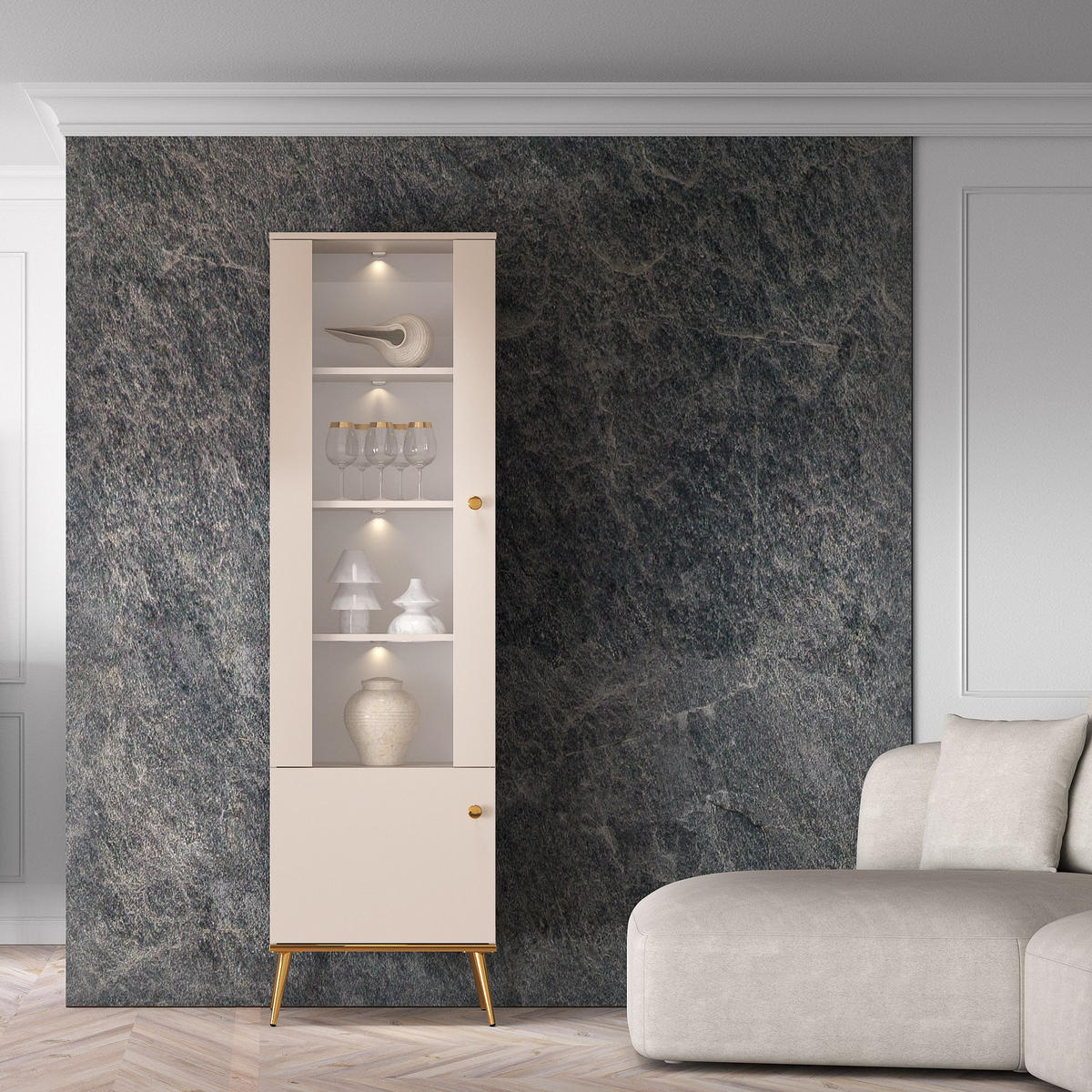GLASVITRINE FRALIA,Creme - Creme, Glas/Holzwerkstoff (55/190/40cm) - KONSIMO®