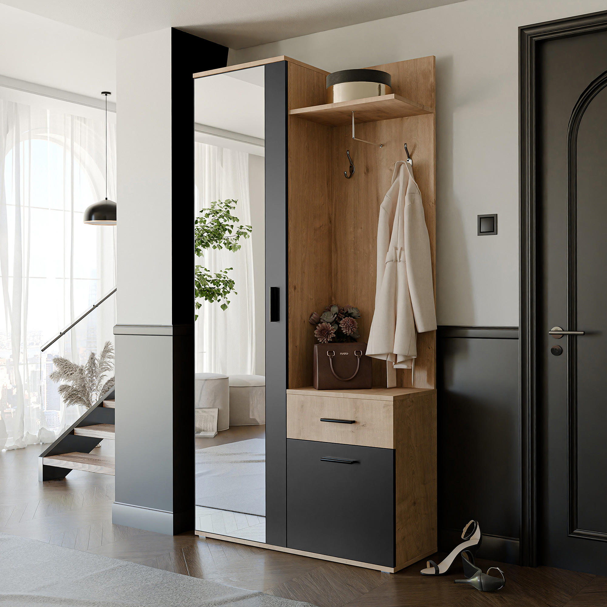 GARDEROBENSCHRANK mit Spiegel-mit Ablagen und Kleiderstange - Schwarz/Braun, Holzwerkstoff (97/195/30cm) - Idohome
