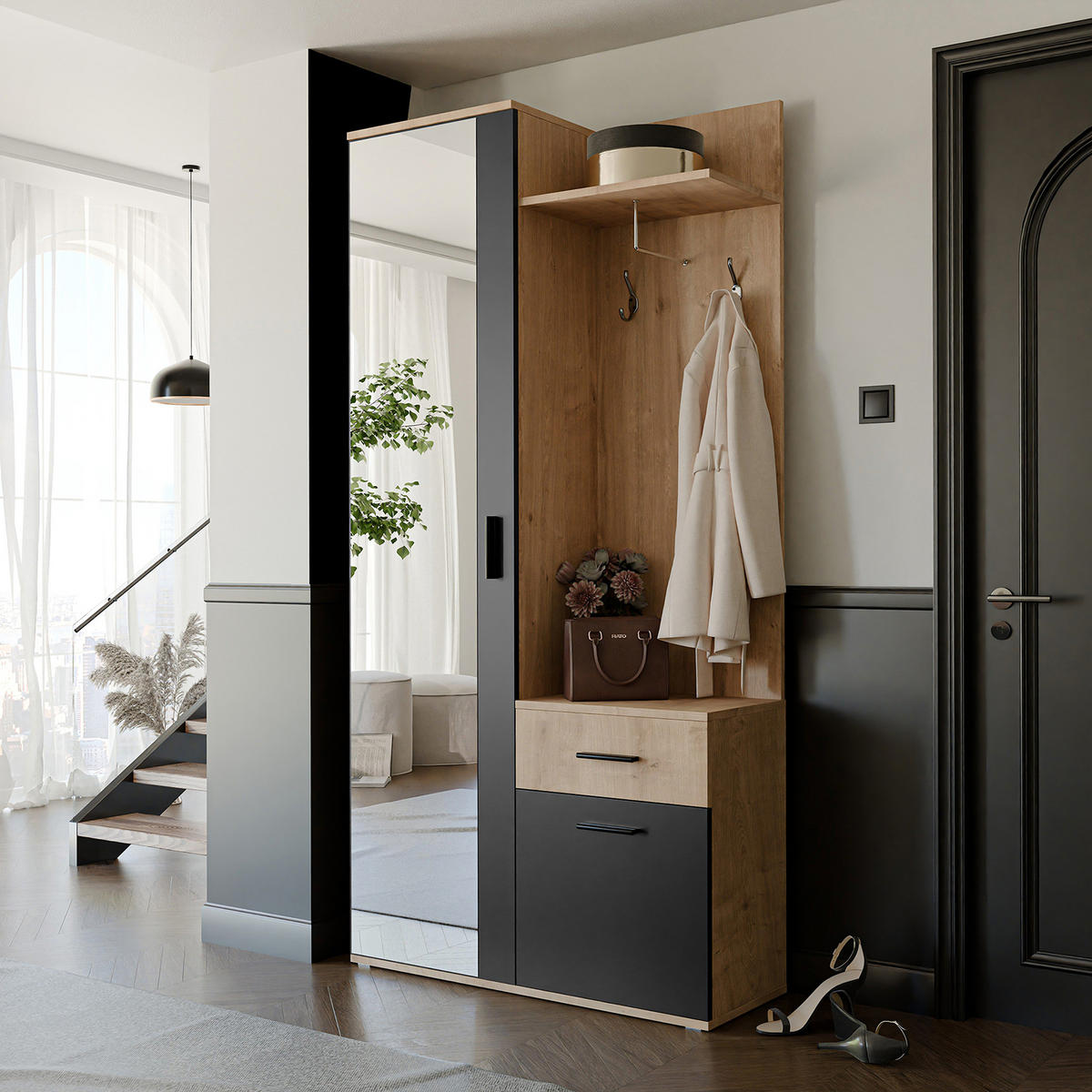 GARDEROBENSCHRANK mit Spiegel-mit Ablagen und Kleiderstange - Schwarz/Braun, Holzwerkstoff (97/195/30cm) - Idohome