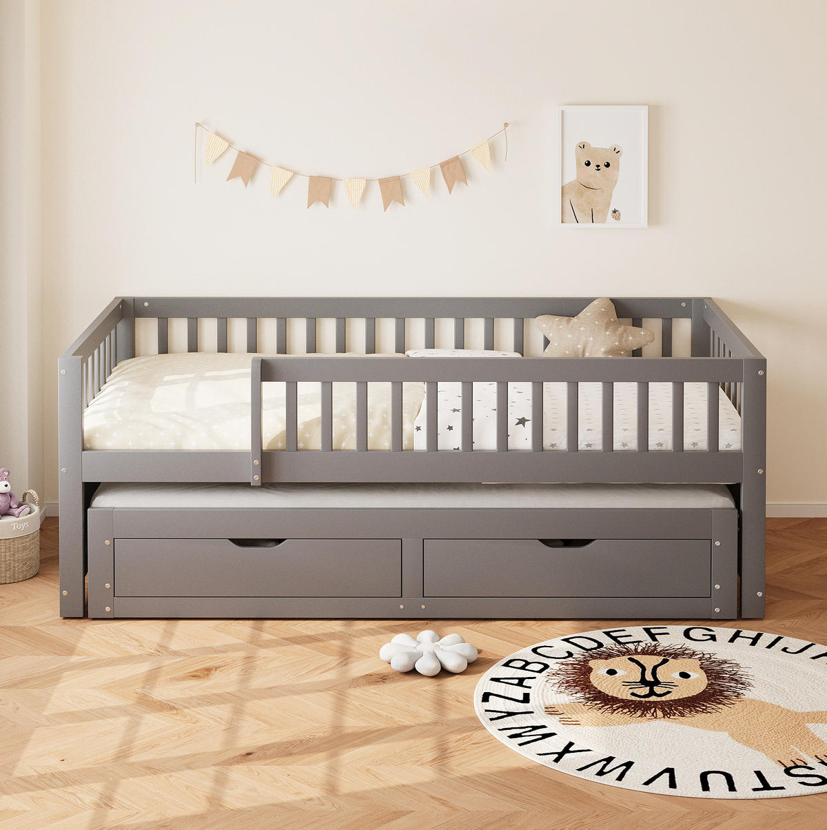 SCHLAFSOFA 90/200 cm mit Ausziehbett, 2 Schubladen und Rundum-Sicherheitsgitter, Grau - Grau, Holzwerkstoff (95/77.5/205cm) - Redom