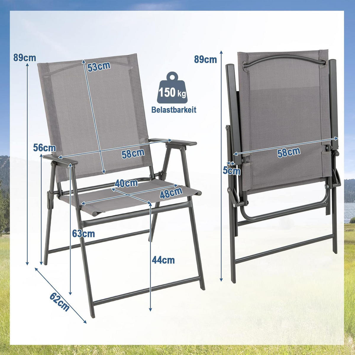 KLAPPSTÜHLE Grau(2er-Set) - Grau, Metall (58/96/58cm) - COSTWAY