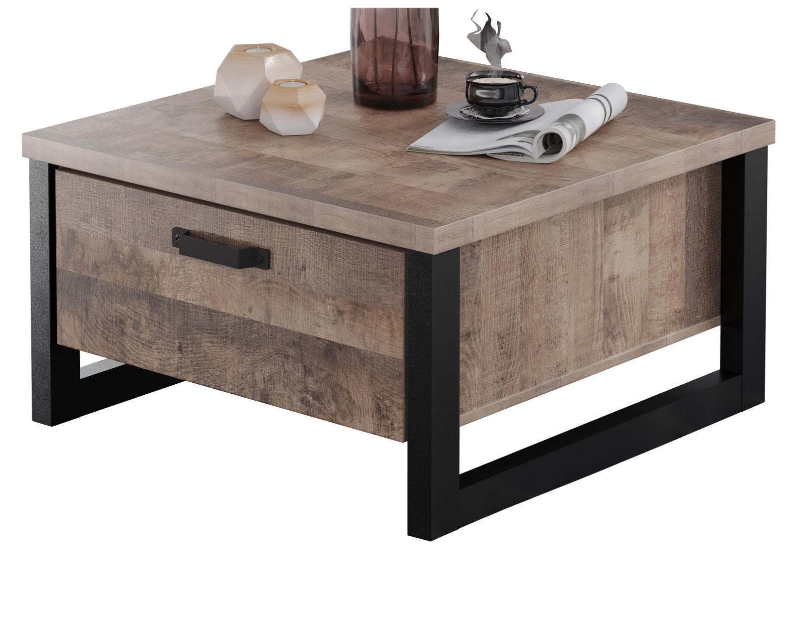 COUCHTISCH Eiche Tabak, schwarz 80 x 80 cm quadratisch, Beistelltisch mit 2x Schubkasten - Eichefarben/Schwarz, Holzwerkstoff/Kunststoff (80/80/45cm) - Top.Furn