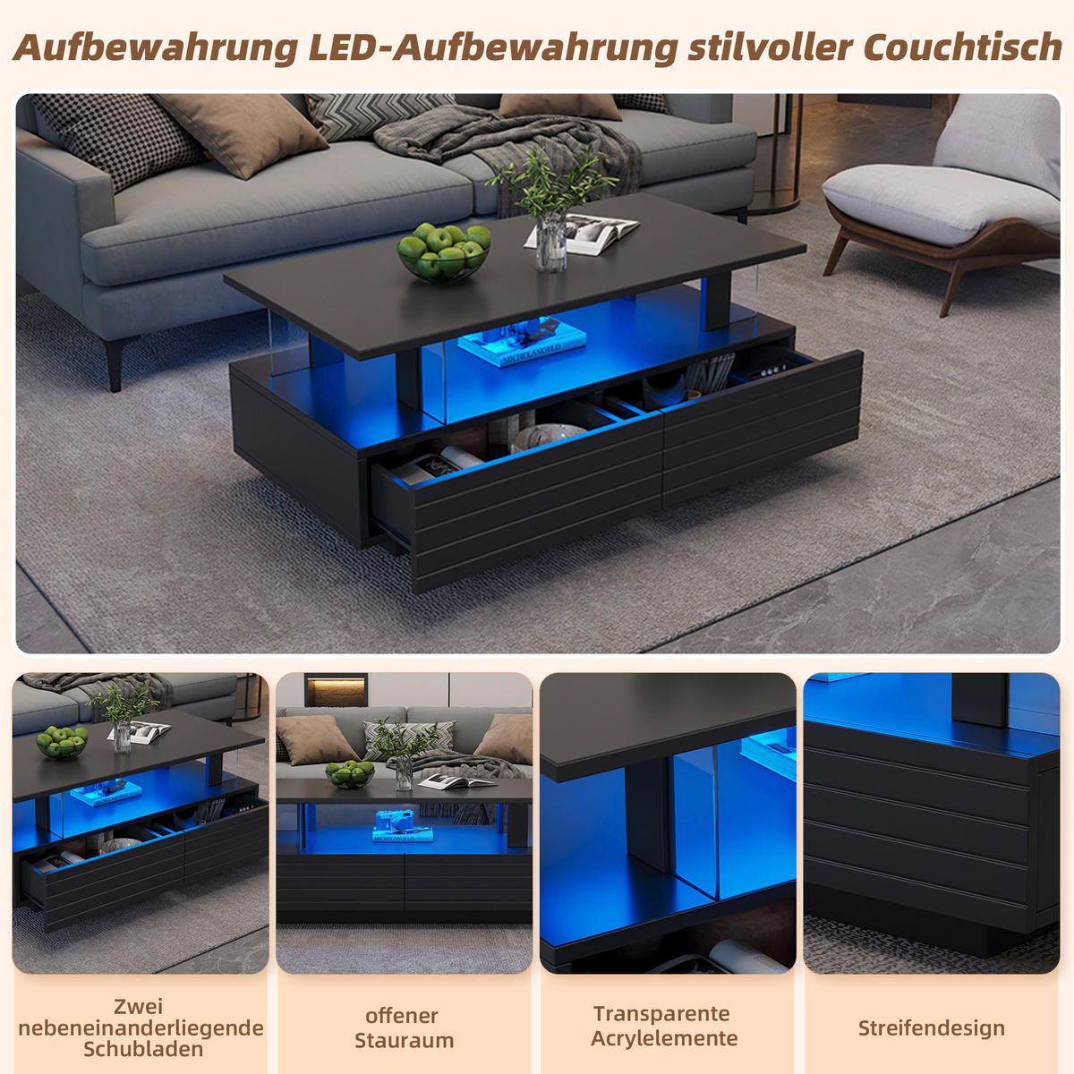 COUCHTISCH in Schwarz Wohnzimmertisch mit Schubladen, LED, B100/T50/H42.5cm - Schwarz, Kunststoff (50/100/42.5cm) - STILVORA