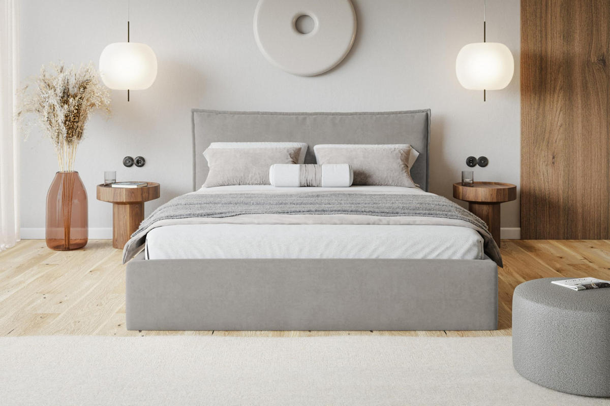 BETT 120x200 - Polsterbett mit Bettkasten und Holzrahmen - Modern Betten - Weicher Jasminstoff - Kollektion Rimini - Grau - Grau, Holz/Textil (120/200cm) - Alpi-Möbel