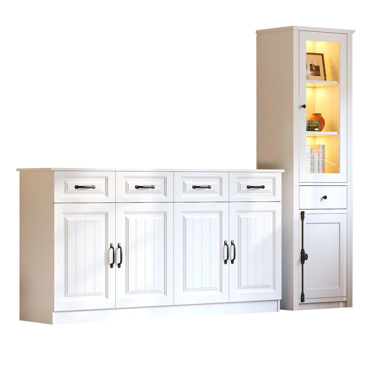 SCHRANK SET 2teilig Vitrine Weiß MDF Aufbewahrungsschrank - Weiß, Holzwerkstoff (160/80/35cm) - FLIEKS