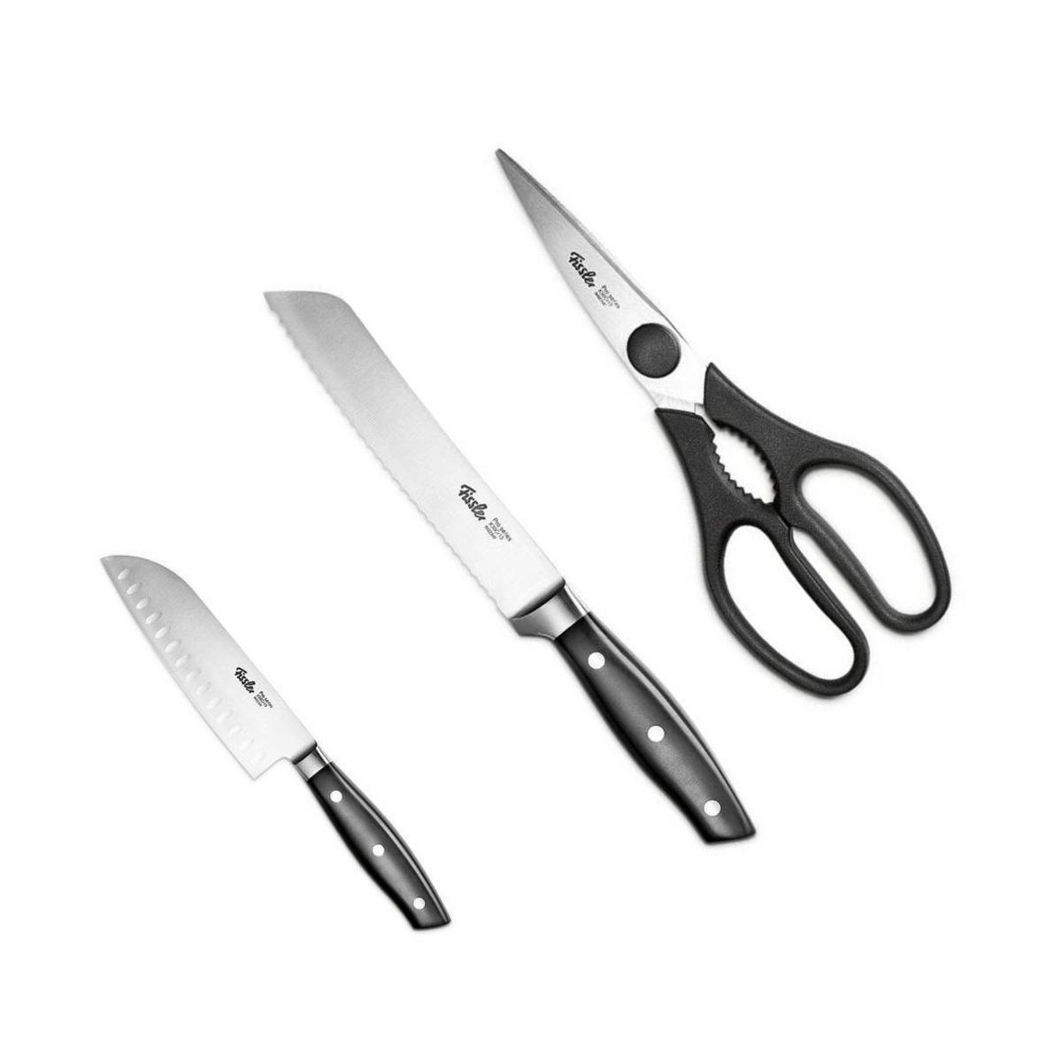 KÜCHENMESSER SET 3-tlg Schwarz, Brotmesser, Santokumesser, Küchenschere, Edelstahl, Schneidemesser, Küchenzubehör, Profi Messer, Klingenstahl - Silberfarben/Schwarz, Kunststoff/Metall - Fissler