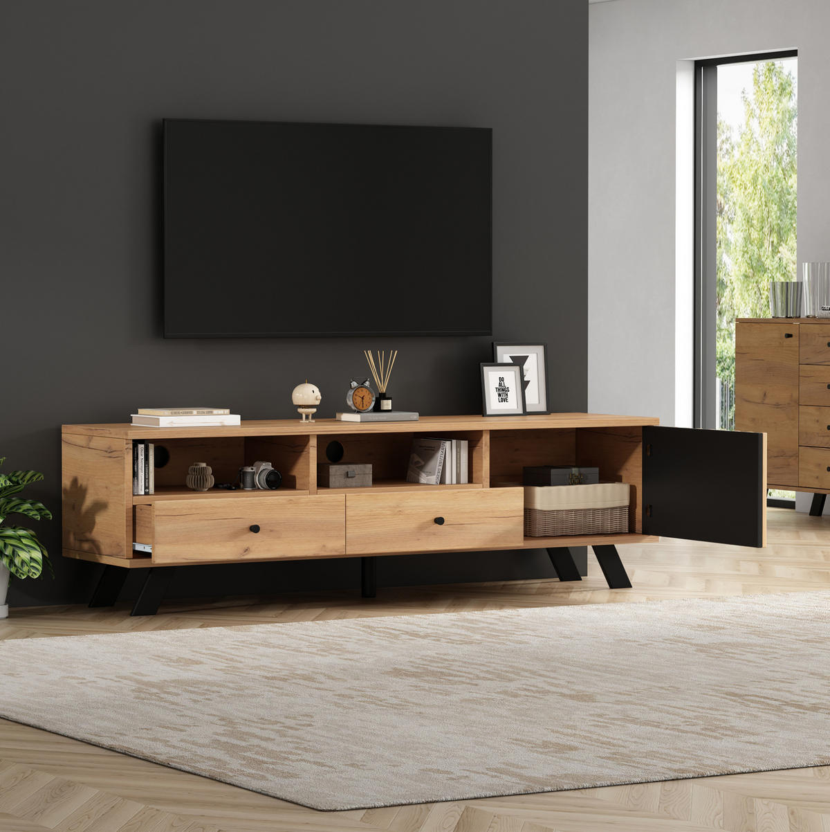 TV-SCHRANK aus Spanplatte 150x38x44 cm Naturholzfarbe/Schwarz mit 2 Schubladen, 1 Schrank und halboffenen Fächern - Naturfarben, Holzwerkstoff (150/44/38cm) - Modfu