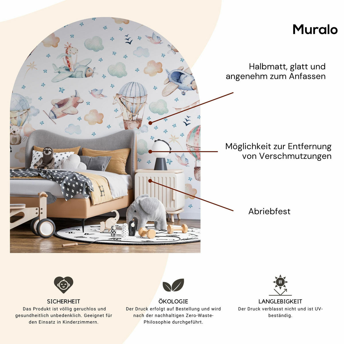 WANDAUFKLEBER SET Wilde Tiere Wolken Flugzeuge Luftballons 60x30 - Beige/Rosa, Papier (60/30/1cm) - Muralo