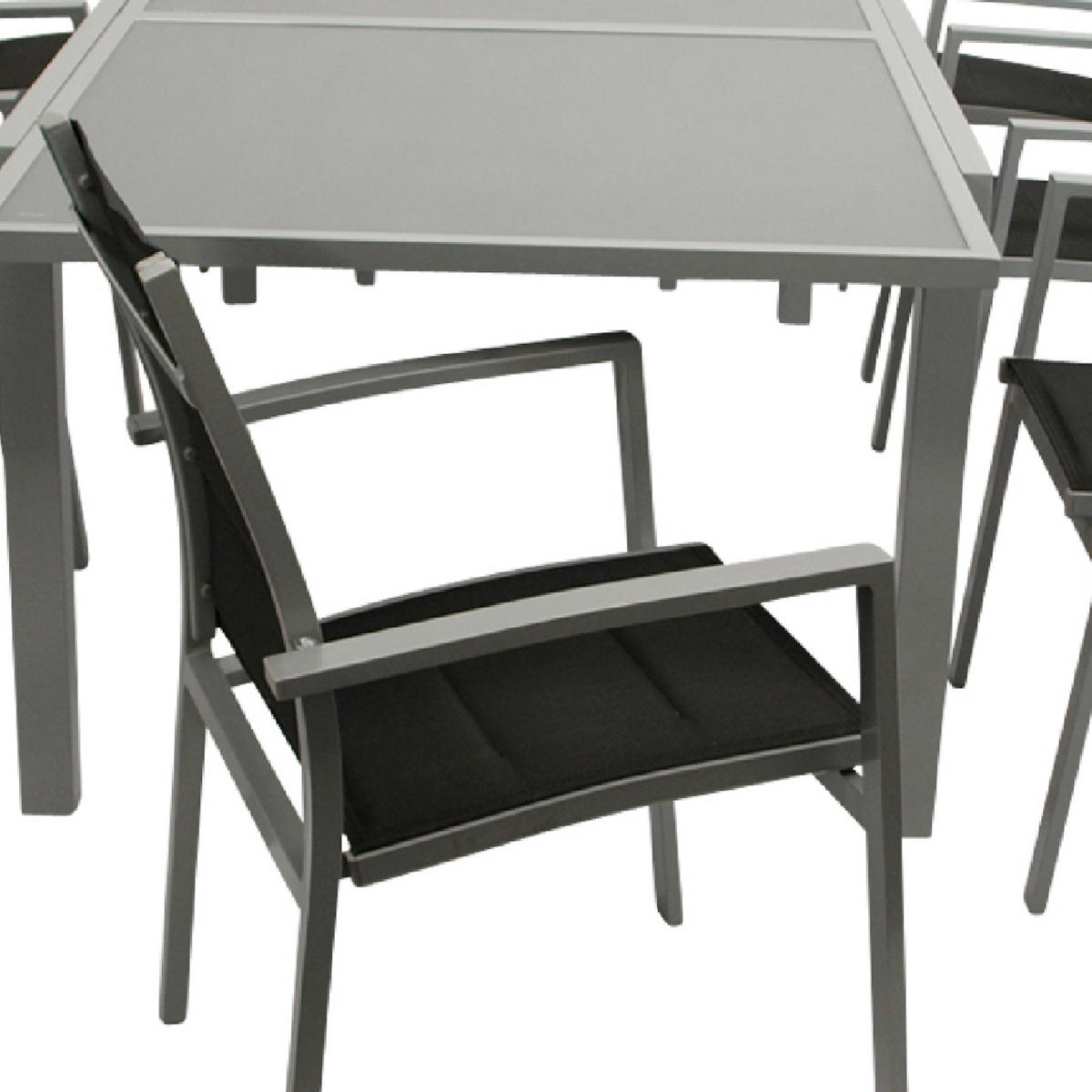 GARTEN-GARNITUR Ashford - 9-teilige Garten-Essgruppe (8x Stapelsessel mit Aluminiumgestell, Bespannung Textillehne schwarz, Ausziehtisch - Schwarz, Metall - TPFGarden