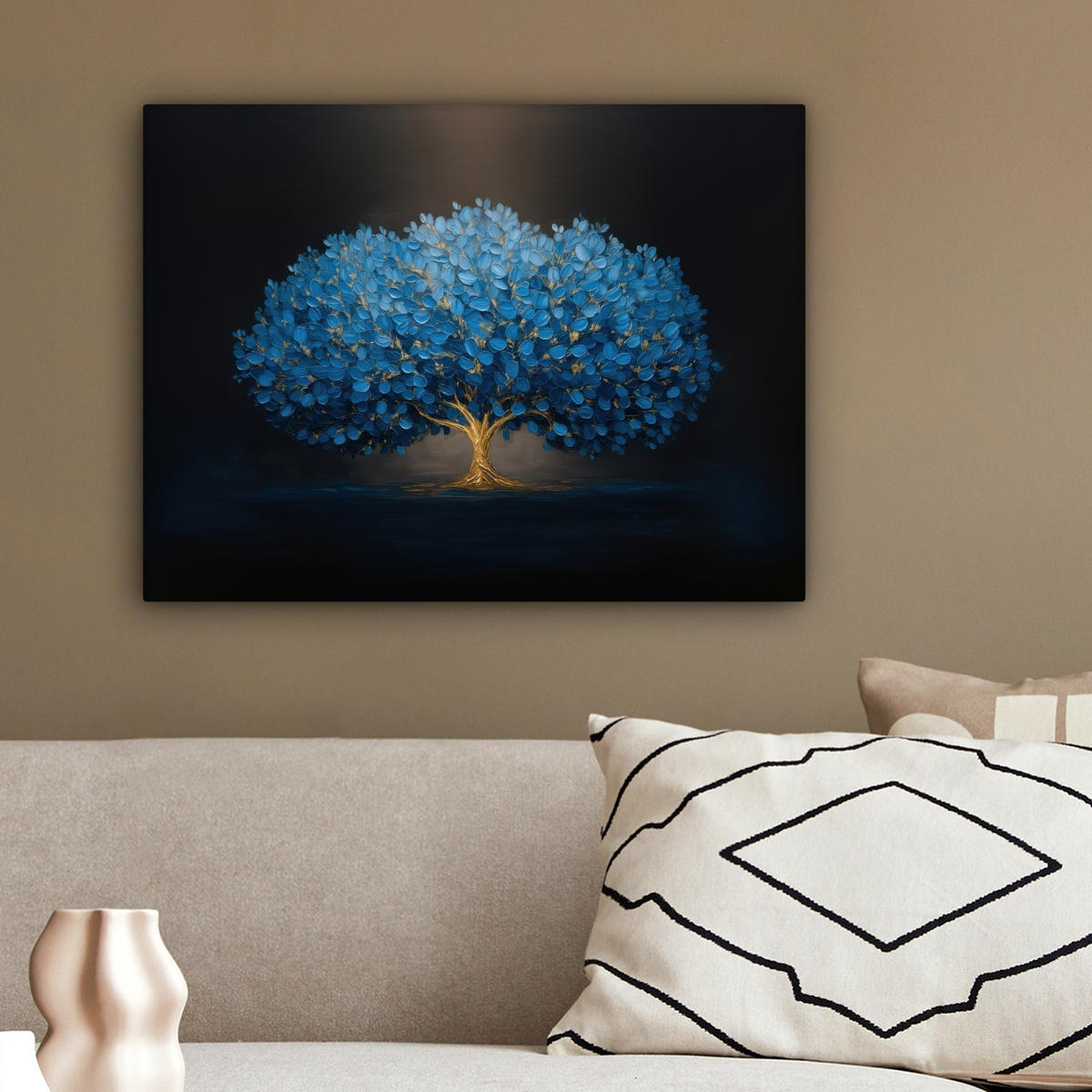 LEINWANDBILD Baum - Blau - Blätter - Pinselstriche Wandbild 40x30 cm - Blau, Textil (40/30cm) - MuchoWow