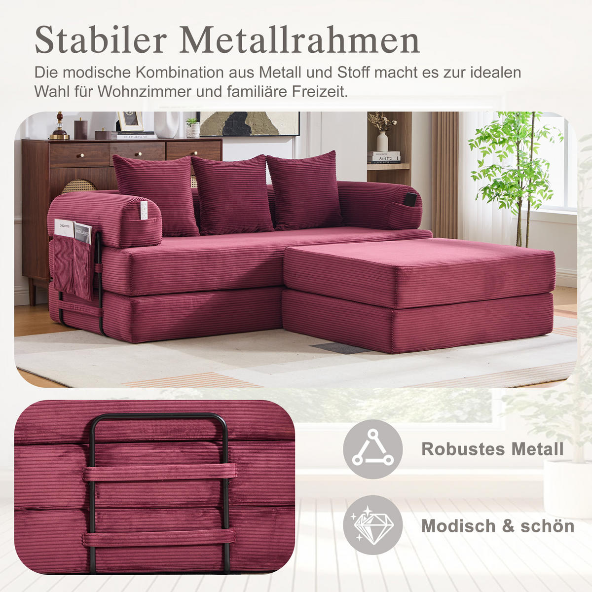 ECKSOFA Cord Weinrot mit Hocker und Kissen - Weinrot, Textil/Metall (218/285cm) - WISHDOR