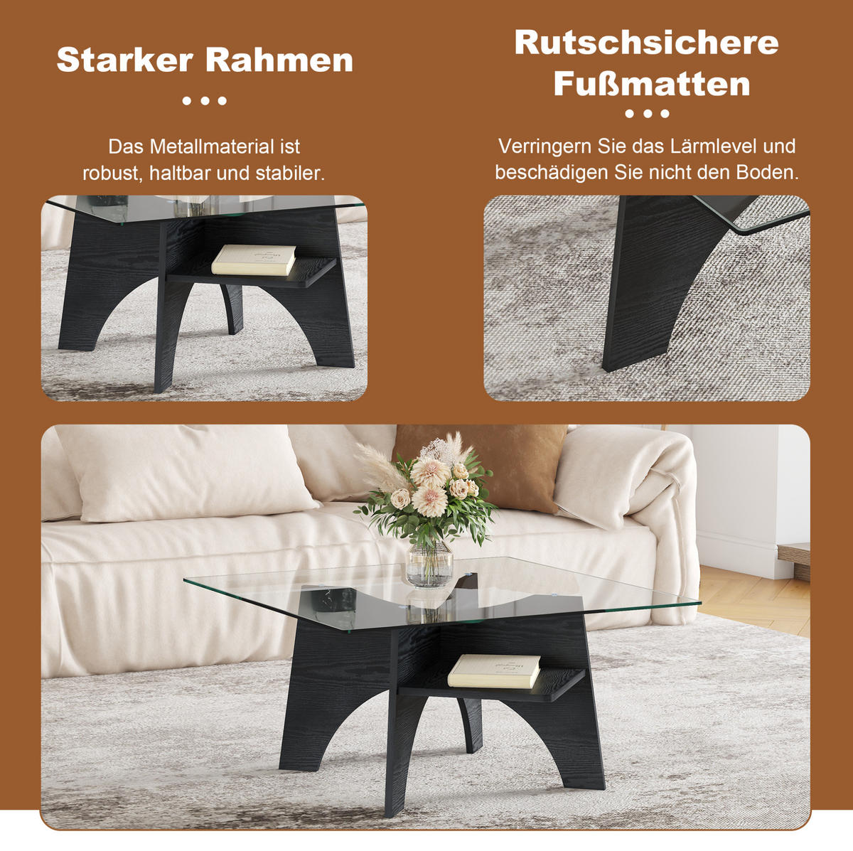COUCHTISCH 80/80/40 cm mit Ablagefach und Sicherheitsglasplatte, MDF in schwarzer Holzoptik/Transparent - Schwarz, Holzwerkstoff (80/80/40cm) - Redom