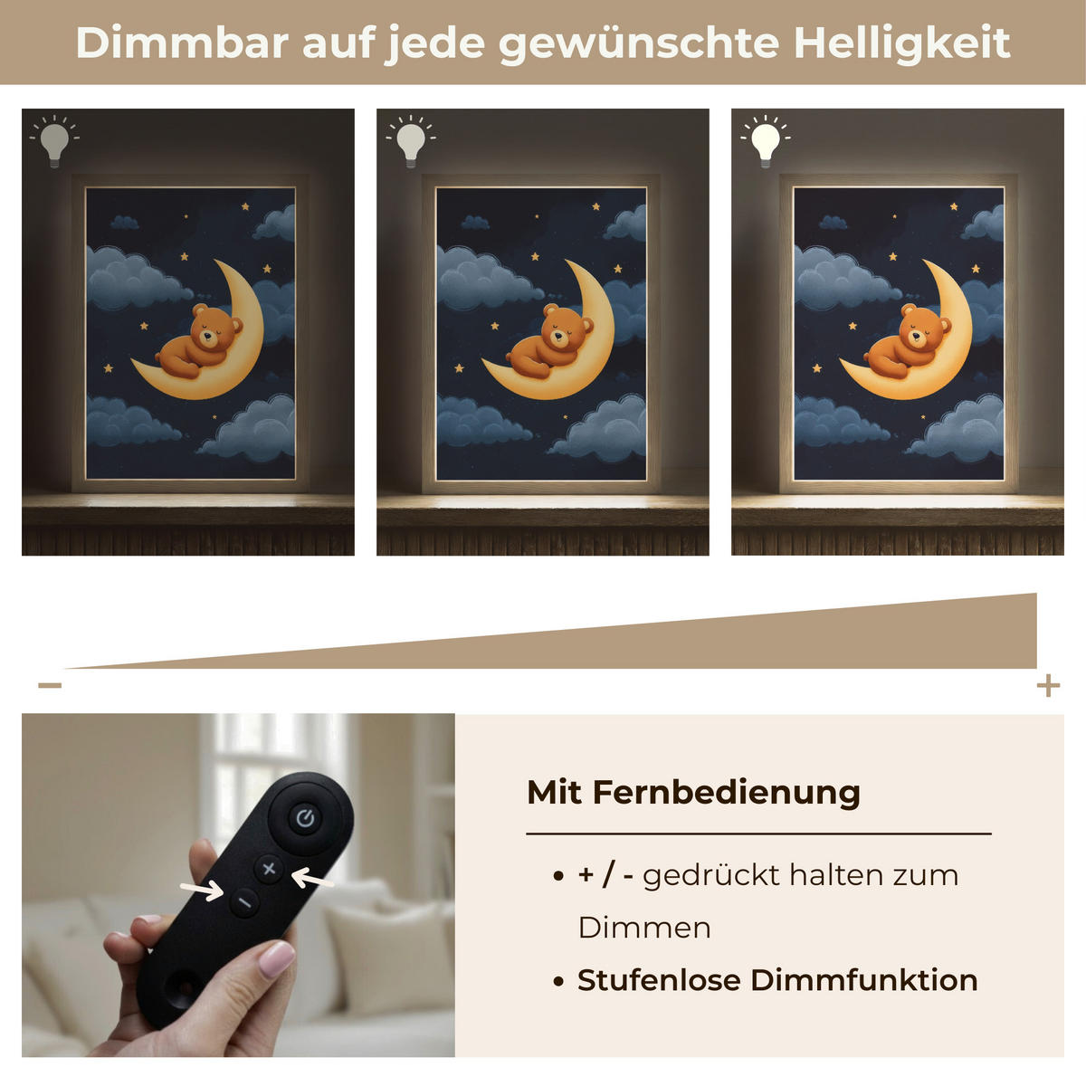 NÁSTĚNNÁ LAMPA S AKUMULÁTOREM Medvídek - Měsíc - Mraky - Hvězdy 30x40 cm - tmavě modrá, kompozitní dřevo (30/40/8cm) - OnlyWow