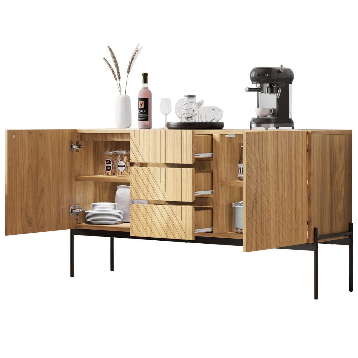 SIDEBOARD 140/40/75 cm in Natural mit 2 Türen, 3 Schubladen und Metallbeinen - Naturfarben, Holzwerkstoff (140/75/40cm) - Flora Grace