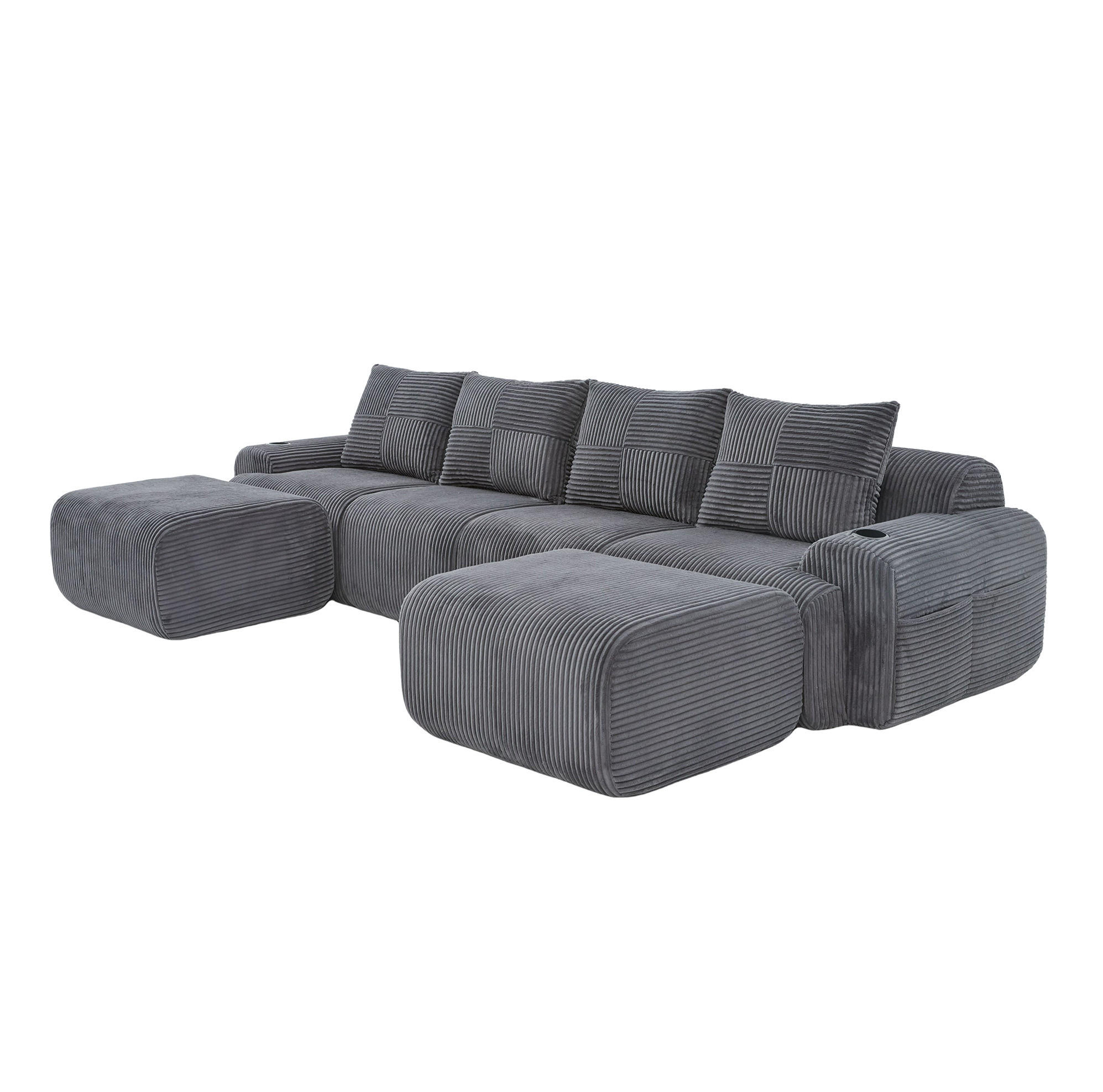 MODULARE Wohnlandschaft 333/174/80 cm in Dunkelgrau – mit Cupholder und 2 Hockern - Dunkelgrau, Textil (174/80/333cm) - BEAOK