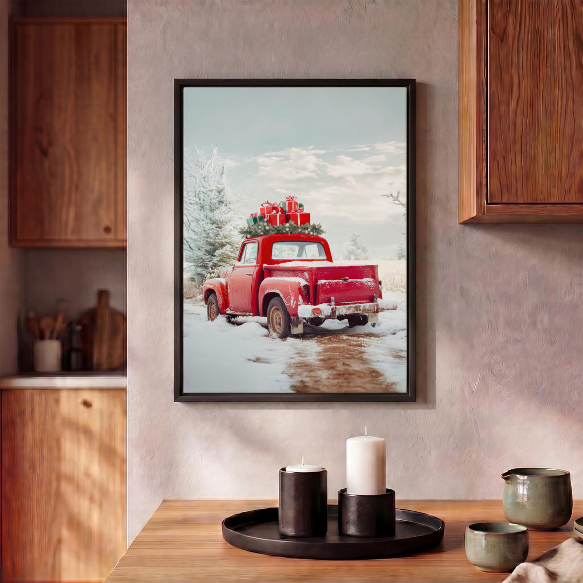 LEINWAND Bilder mit Rahmen - Auto - Rot - Geschenke - Winter - Schnee - Weihnachten - 30x40 - Rot, Textil (30/40cm) - MuchoWow