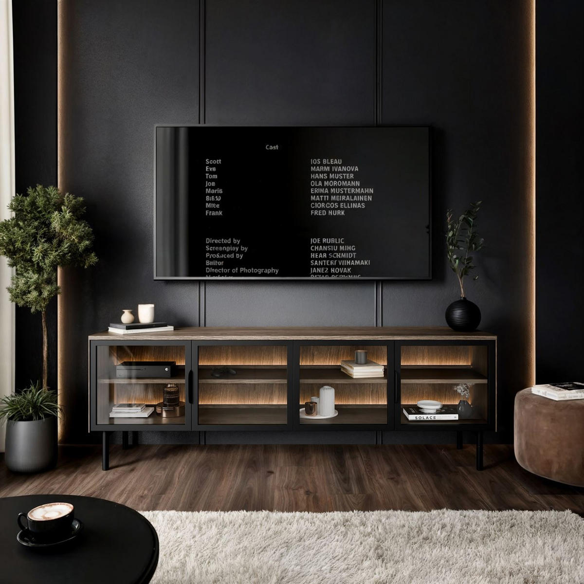 TV-ELEMENT LINEA LOFT mit LED-Beleuchtung Eiche + Schwarz - Eichefarben, Holzwerkstoff (181/62/39cm) - Lookway