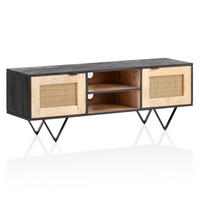 LOWBOARD Mango Massivholz Rattan Modern Stil 120x44x35 cm mit zwei Türen und Kabeldurchlass - Schwarz, Holz/Metall (120/44/35cm) - KADIMA DESIGN